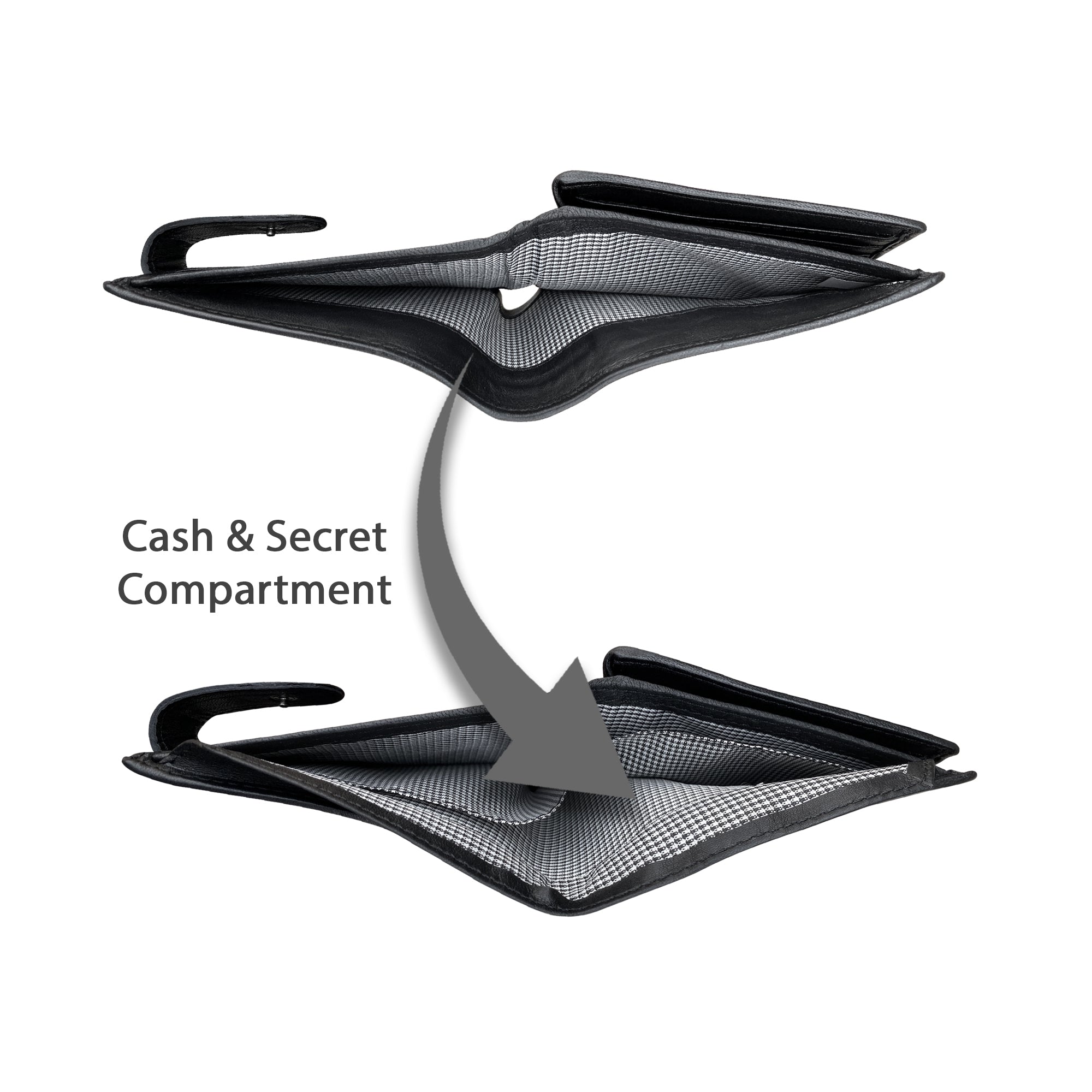 Black sheepskin wallet cash and secret compartment view