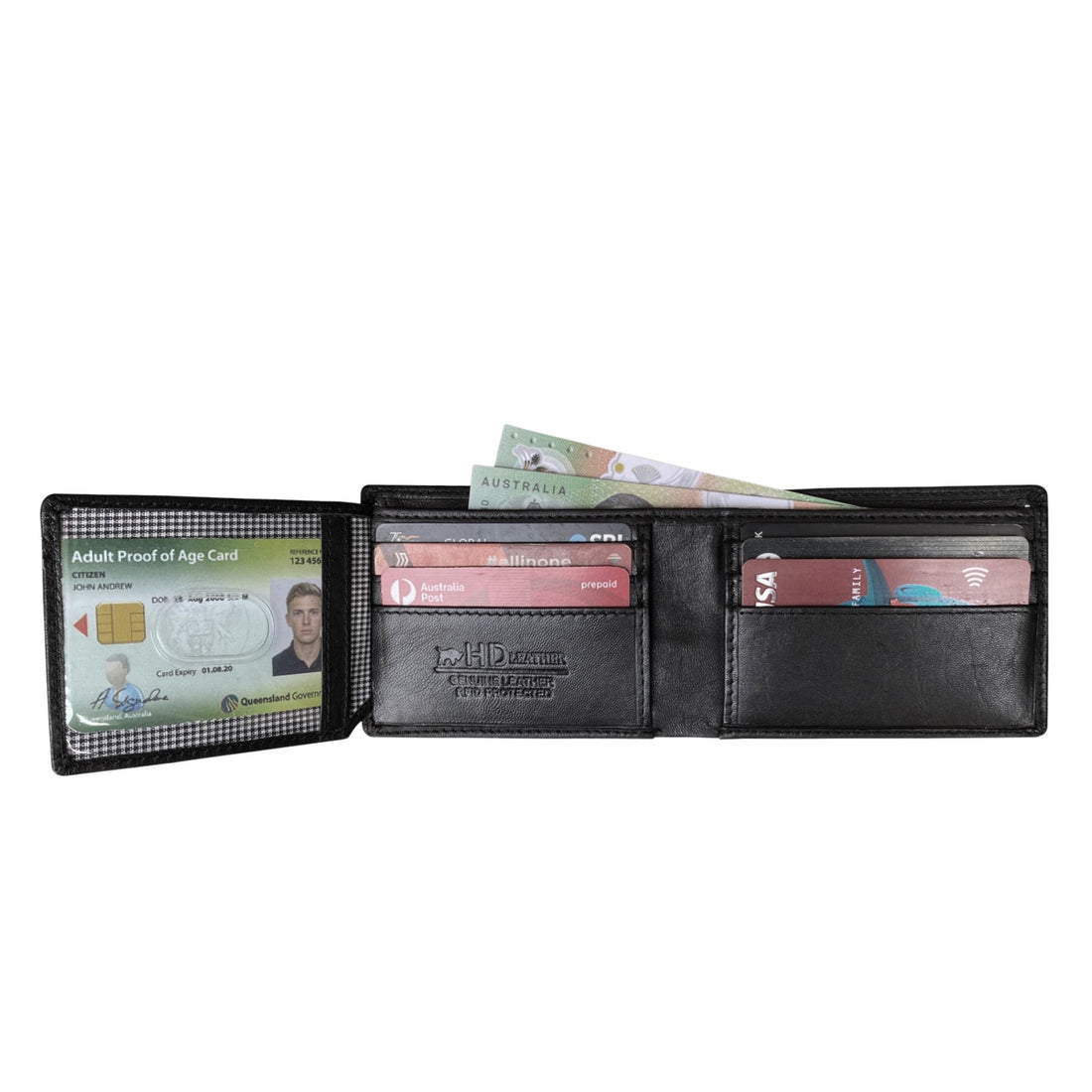 Black leather wallet with various cards  inside