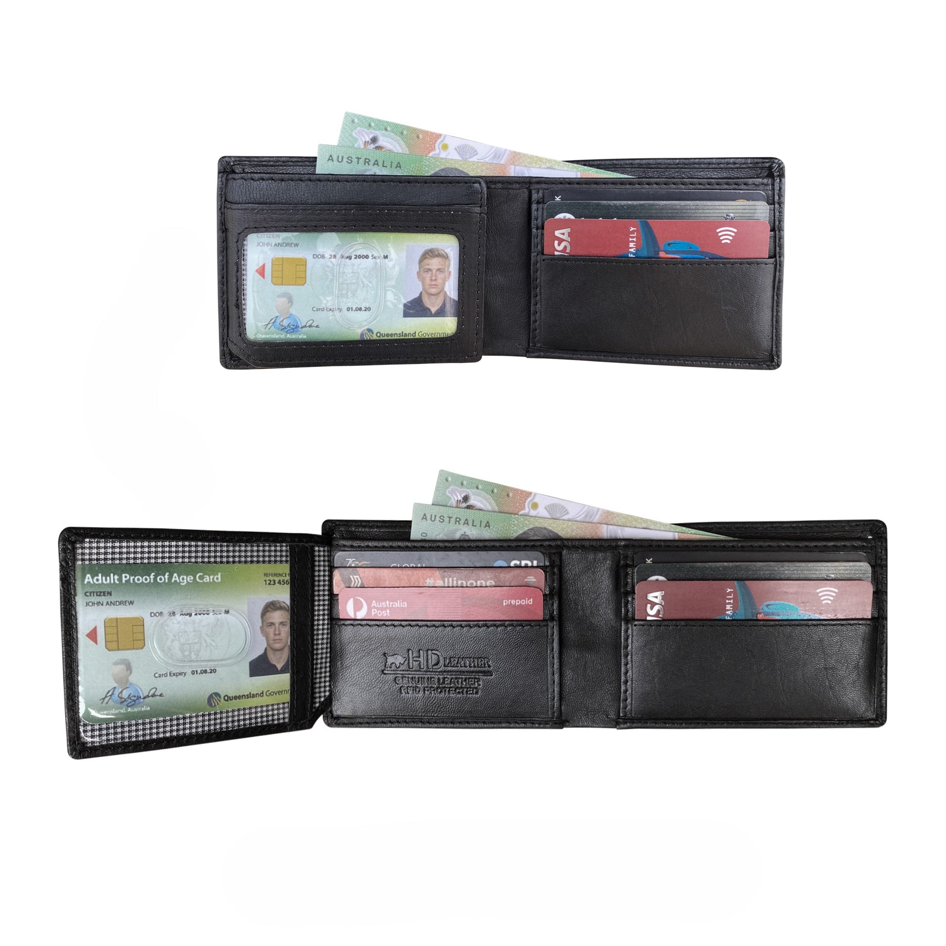 Black leather wallet with various cards and identification card on a white background