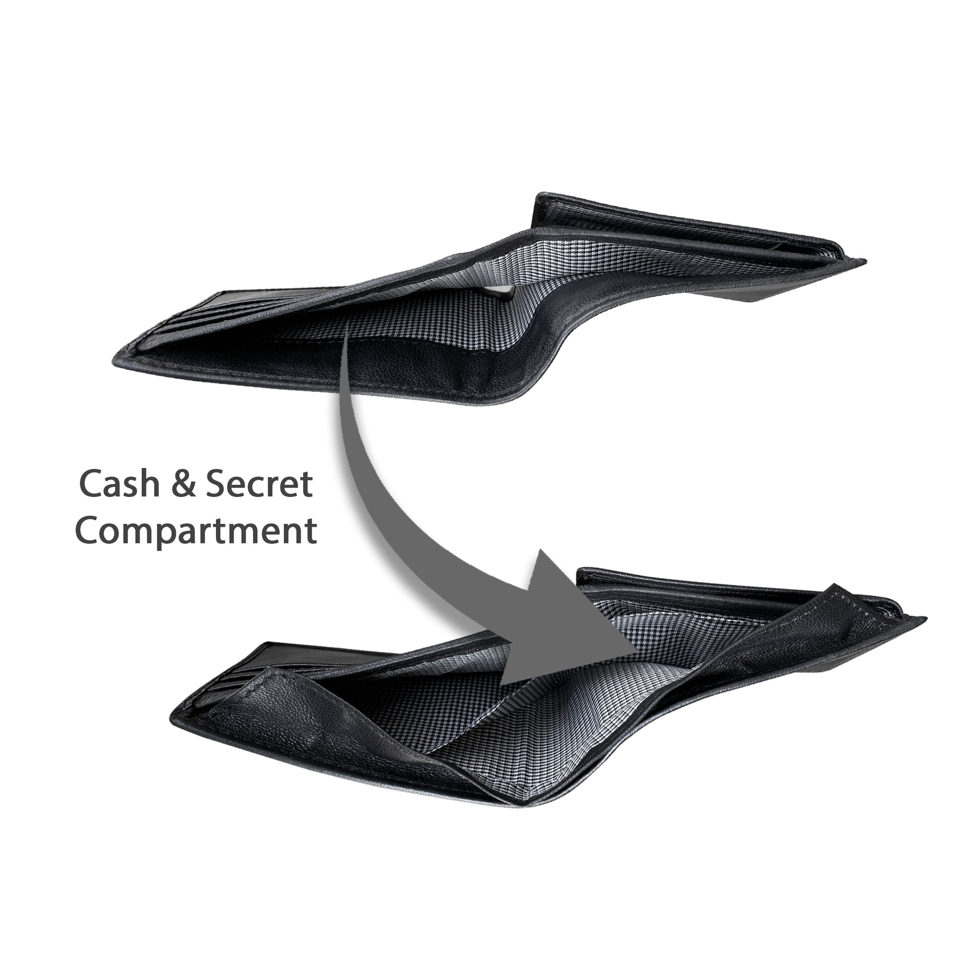 Black wallet cash and secret compartment feature on a white background