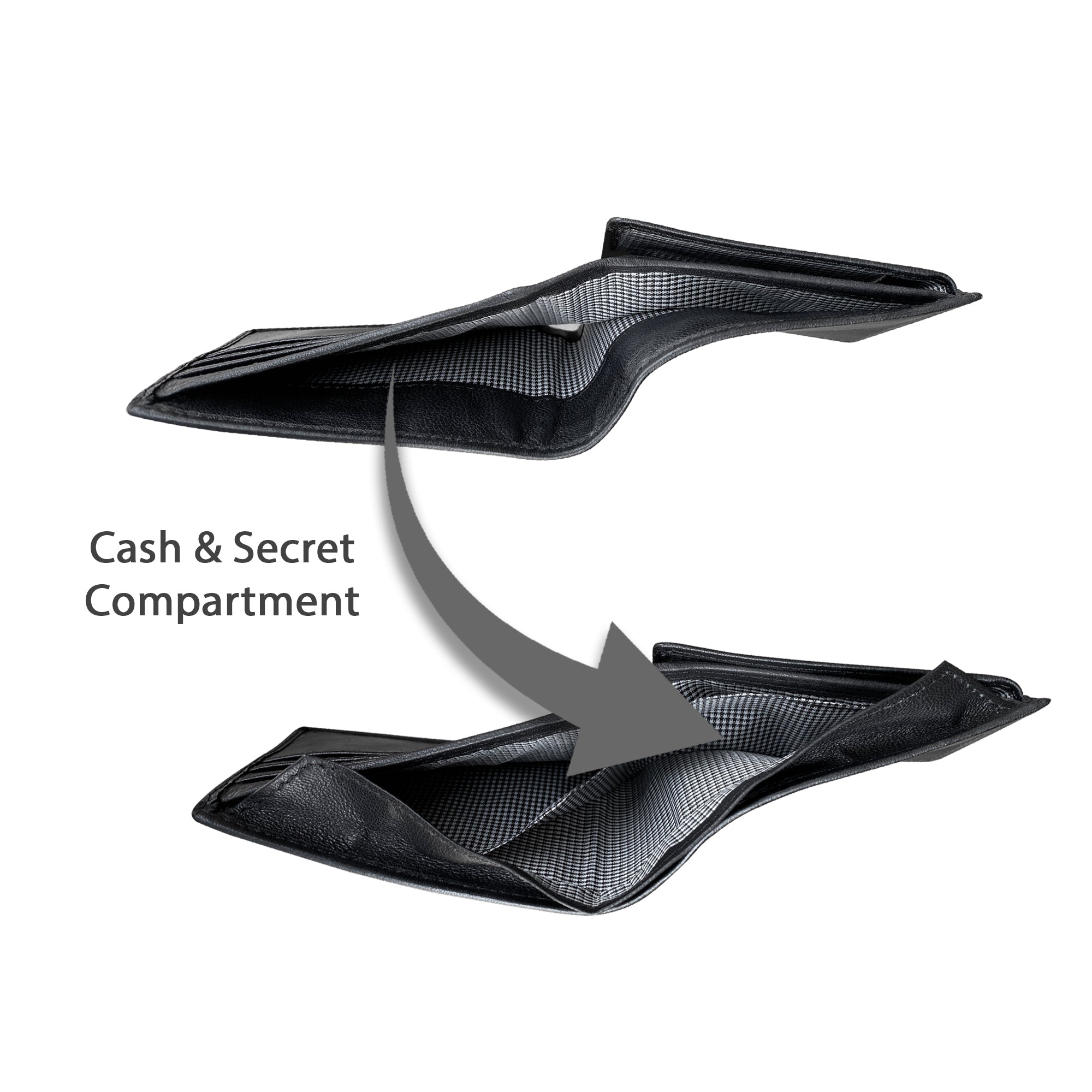 Black wallet cash and secret compartment feature on a white background