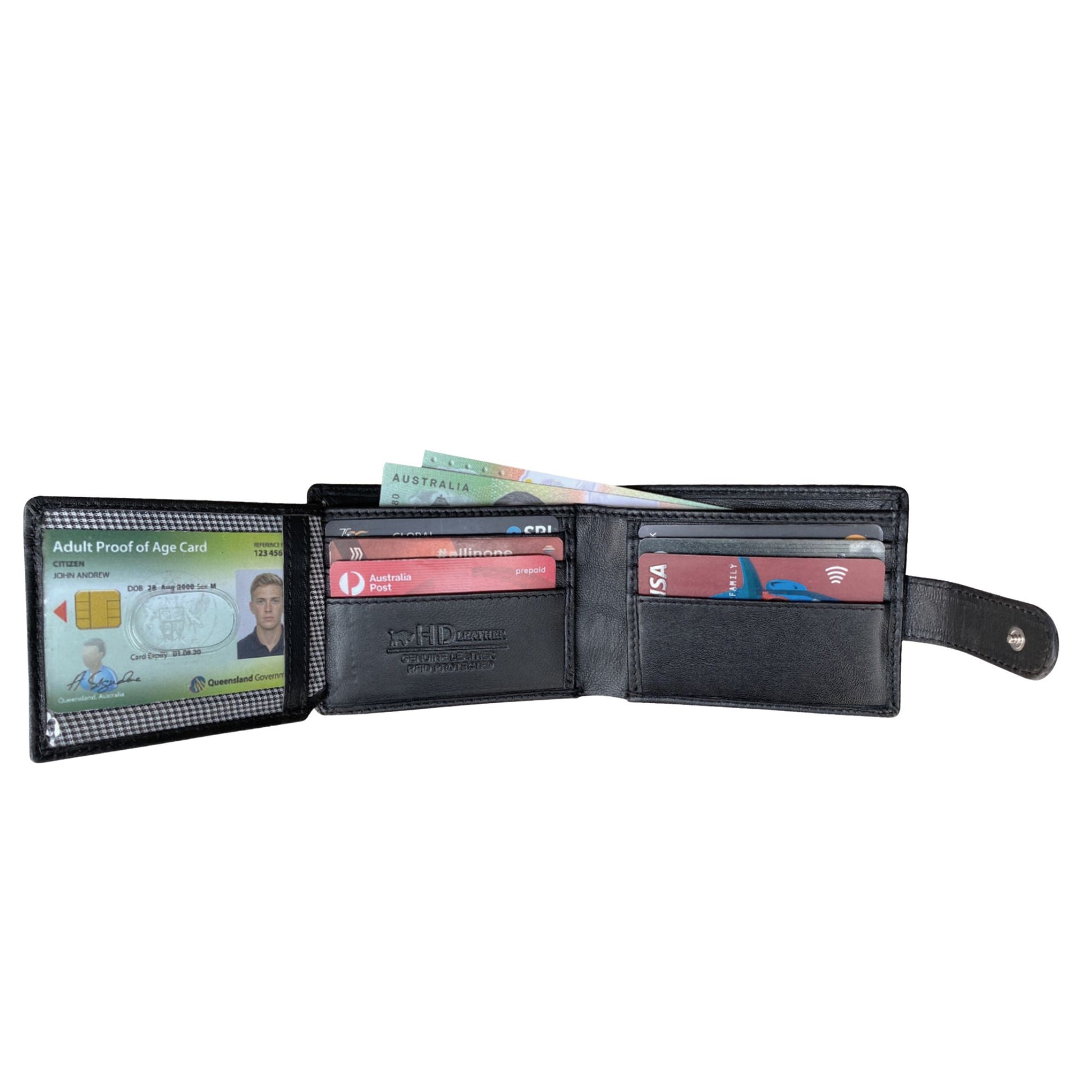Black wallet with various cards inside