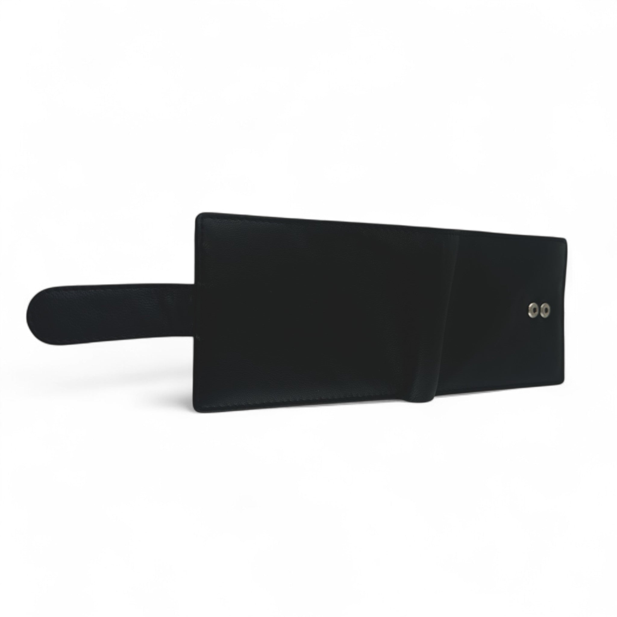 Black leather wallet with a strap on a white background