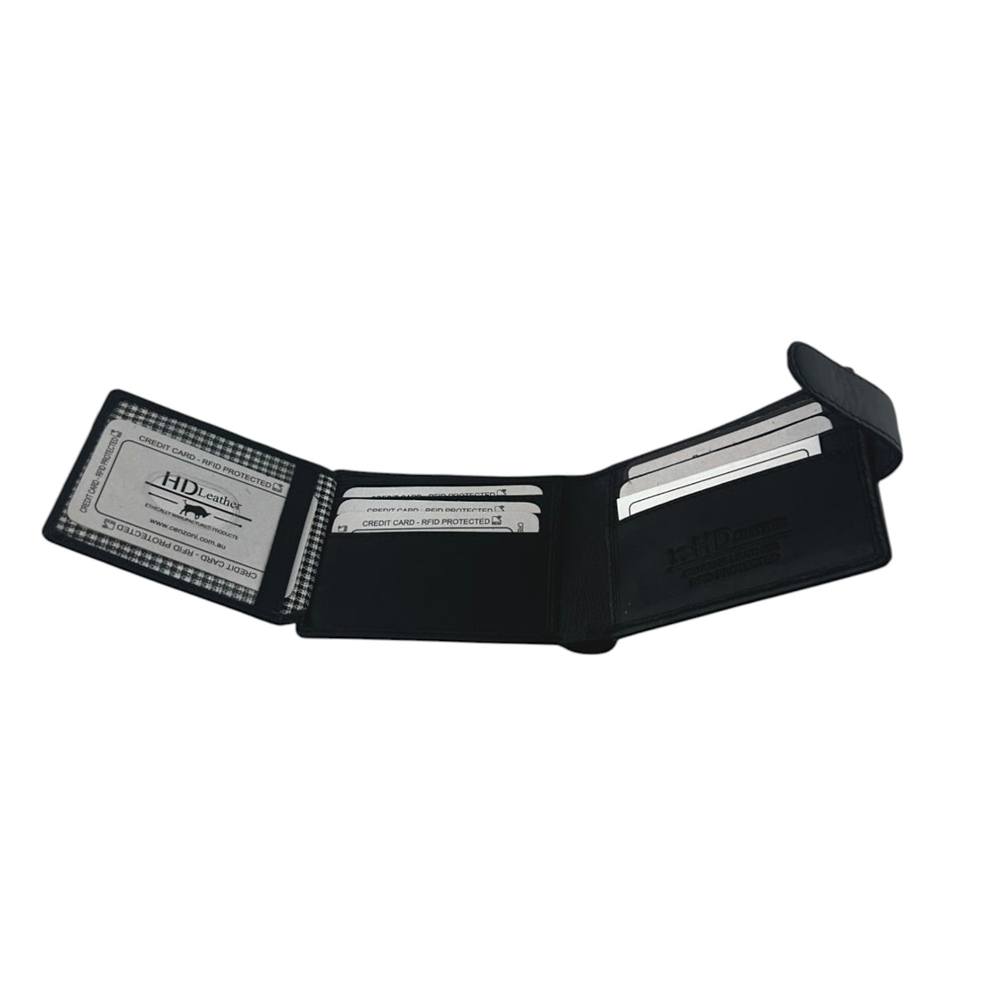 Black leather wallet with visible brand label on a white background