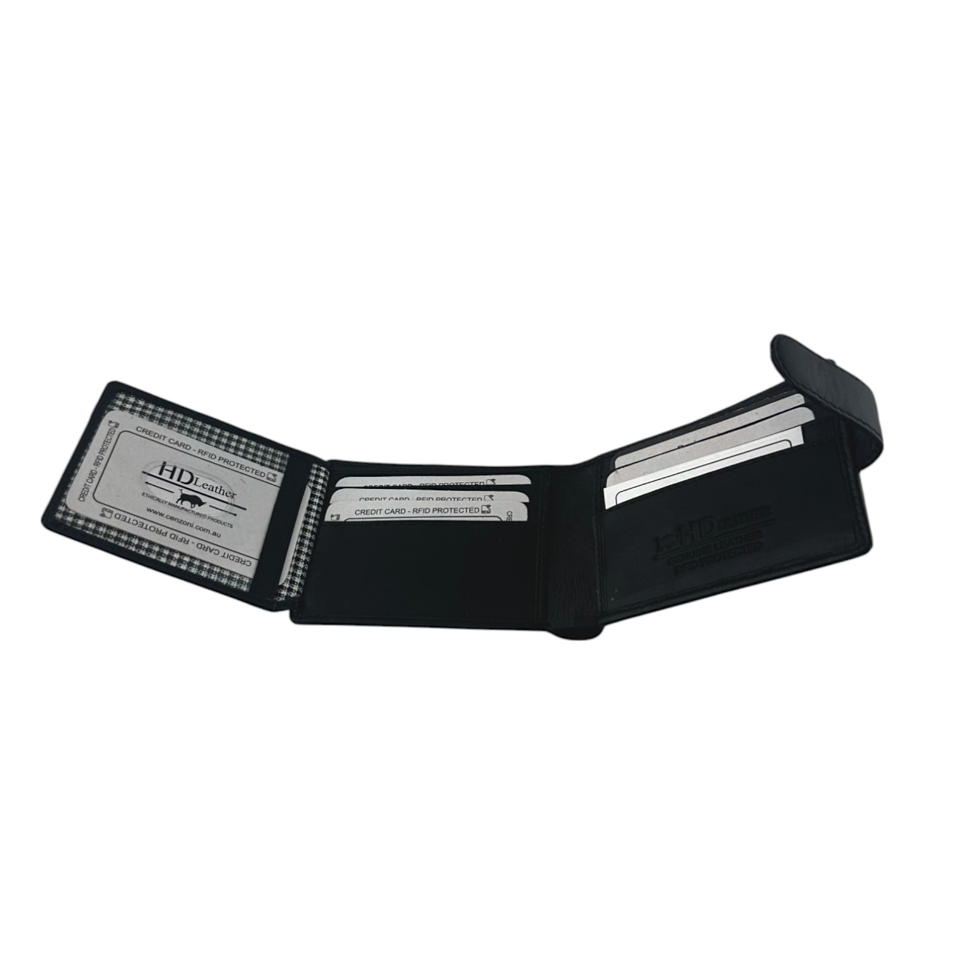 Black wallet with card slots on a white background