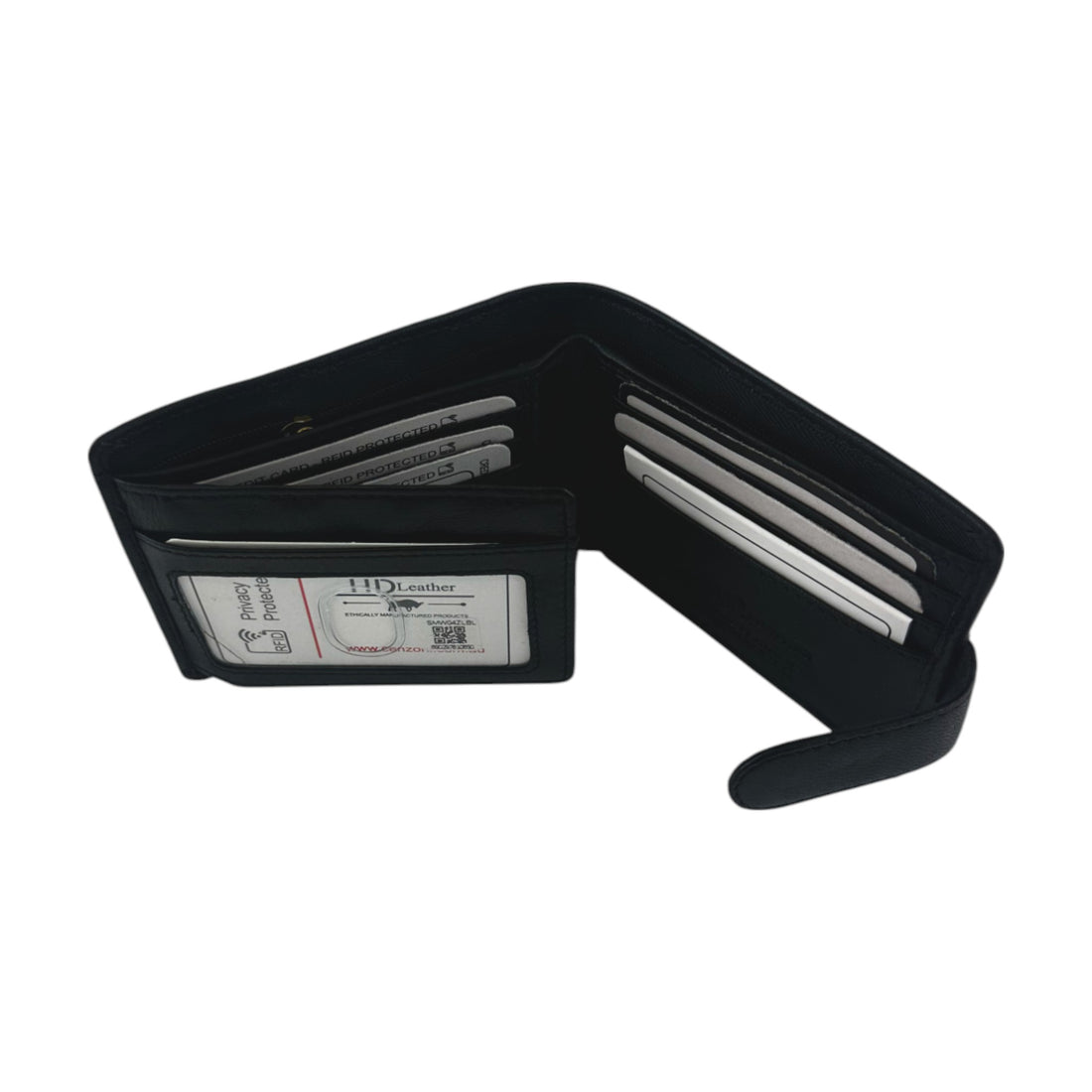 Black leather wallet with visible brand label on a white background