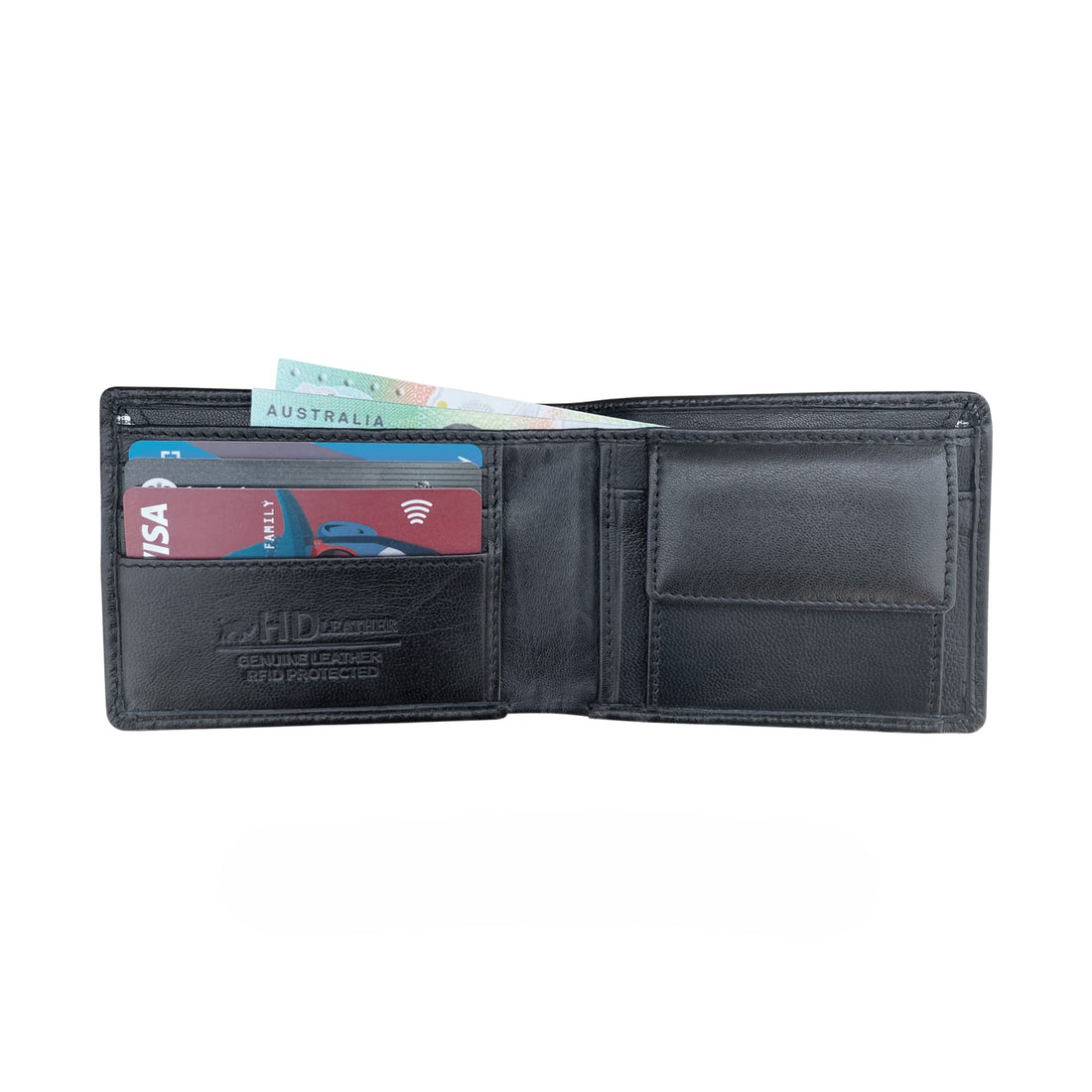 Black leather wallet with card slots on a white background
