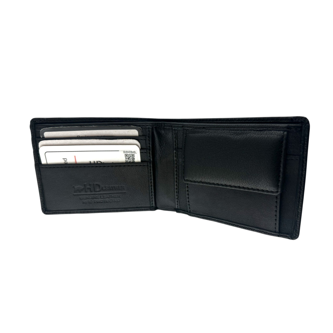 Black leather wallet with card slots on a white background