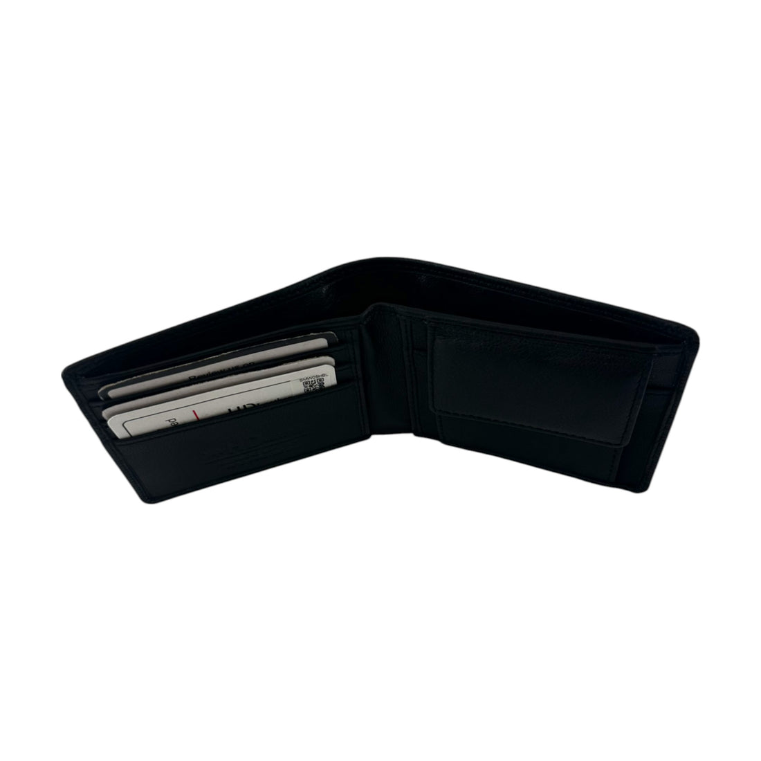 Black leather wallet with card slots on a white background