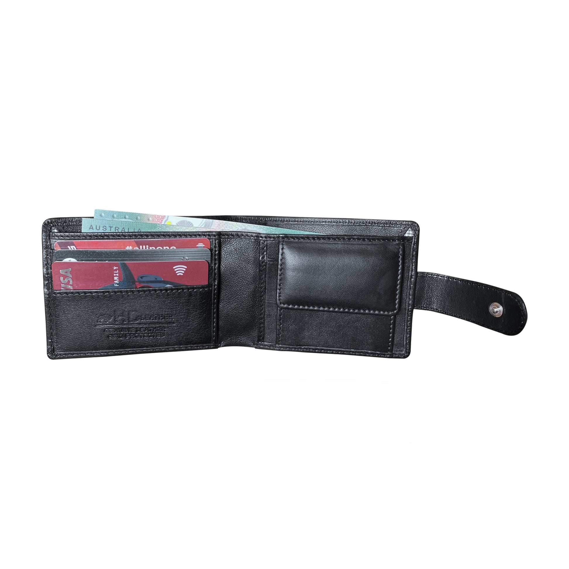 Black leather wallet with card slots on a white background