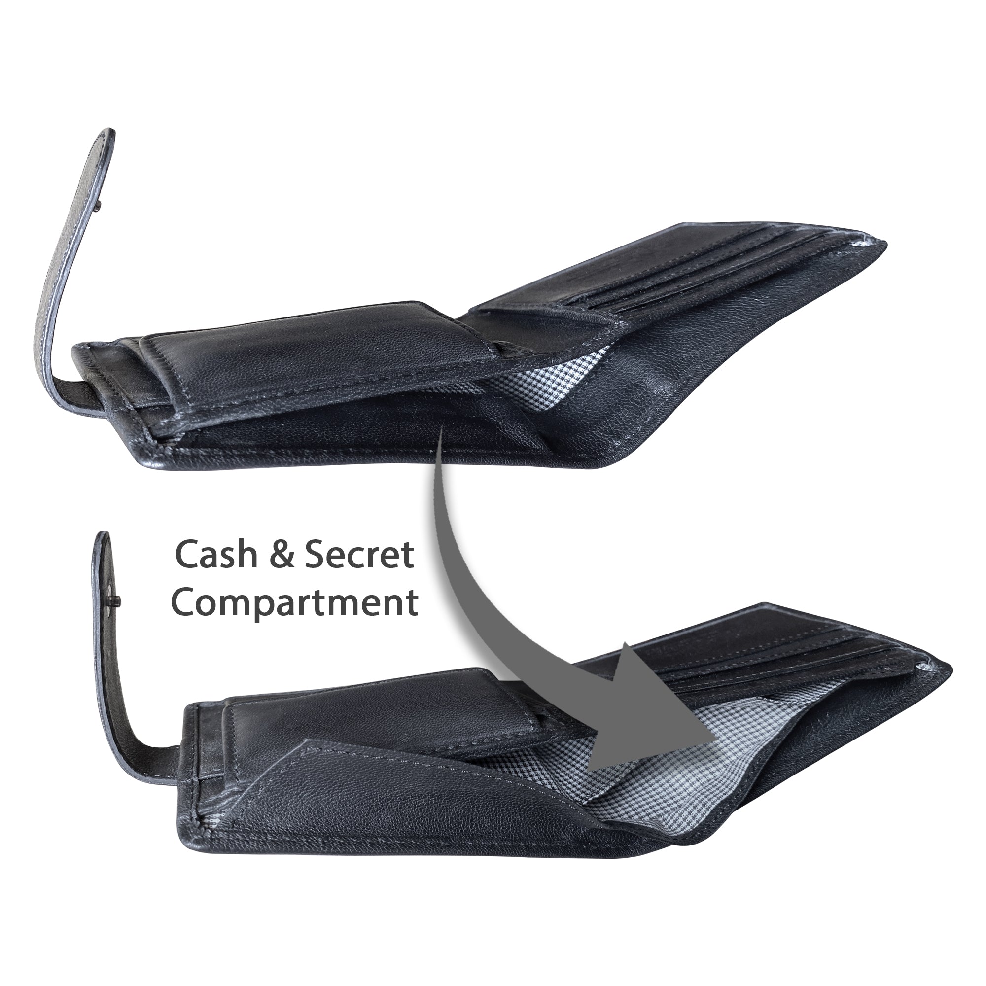 Black wallet with cash and secret compartment feature on a white background