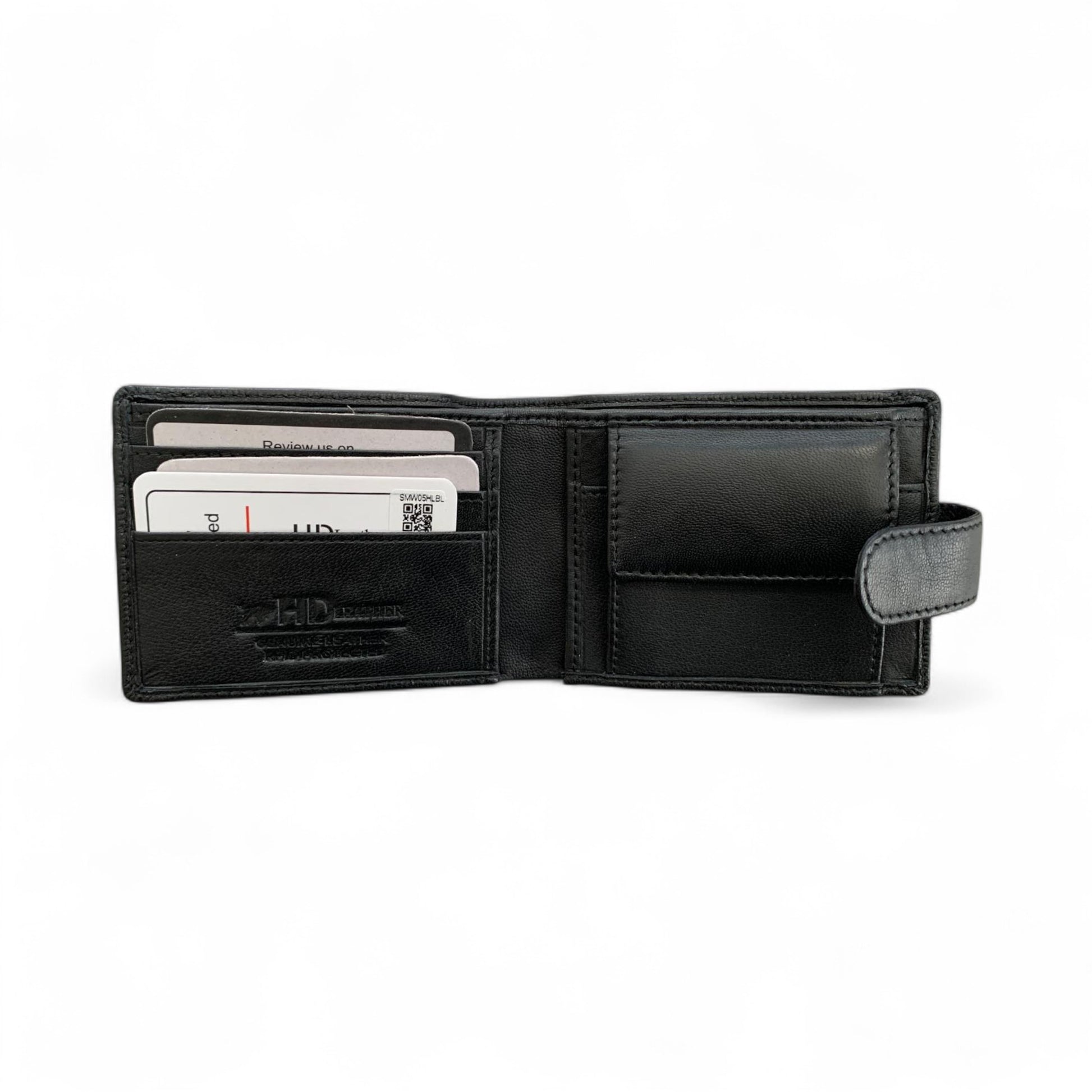 Black leather wallet with card slots on a white background