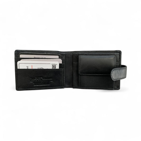 Black leather wallet with card slots on a white background