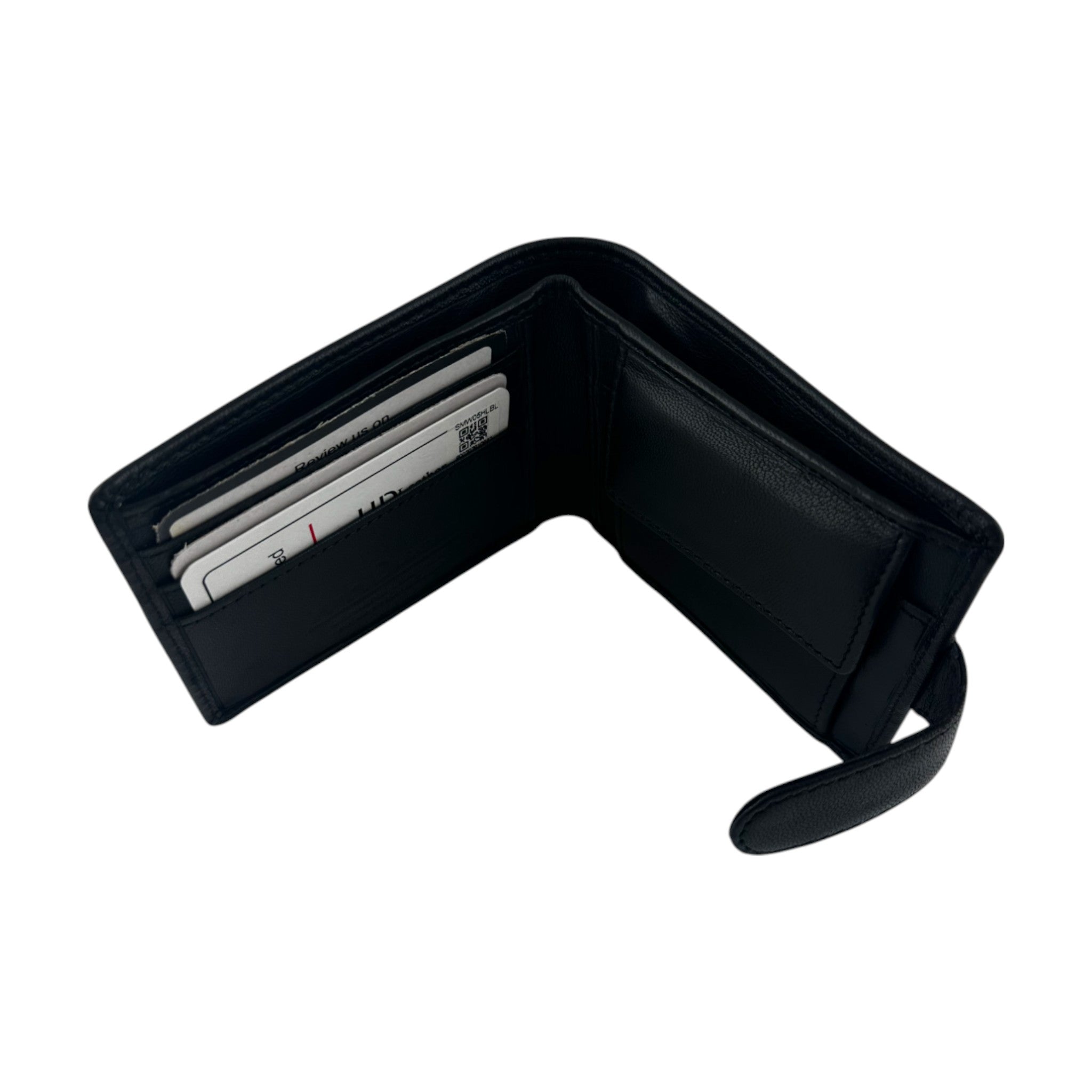 Black wallet with a strap on a white background