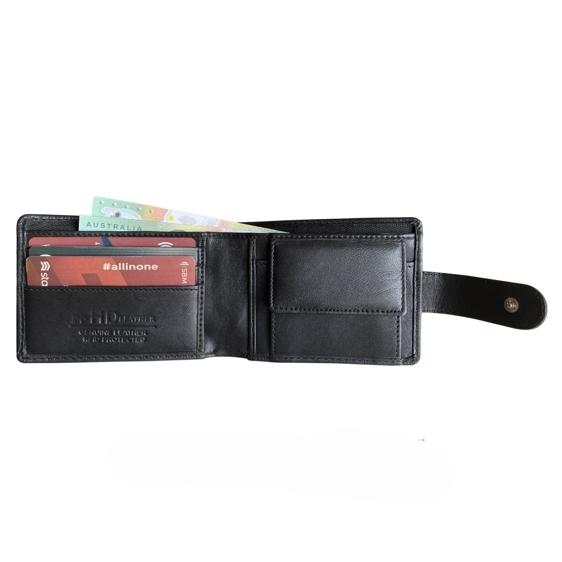 Black leather wallet with card slots and currency pocket on a white background