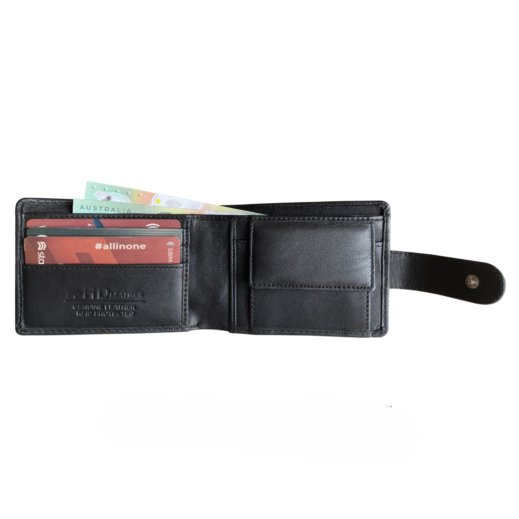 Black leather wallet with card slots and currency pocket on a white background
