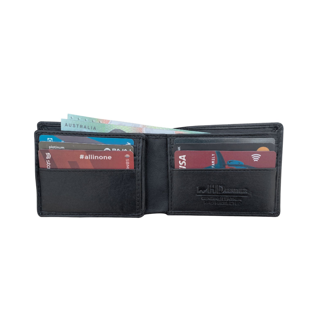 Black leather wallet with multiple card slots on a white background