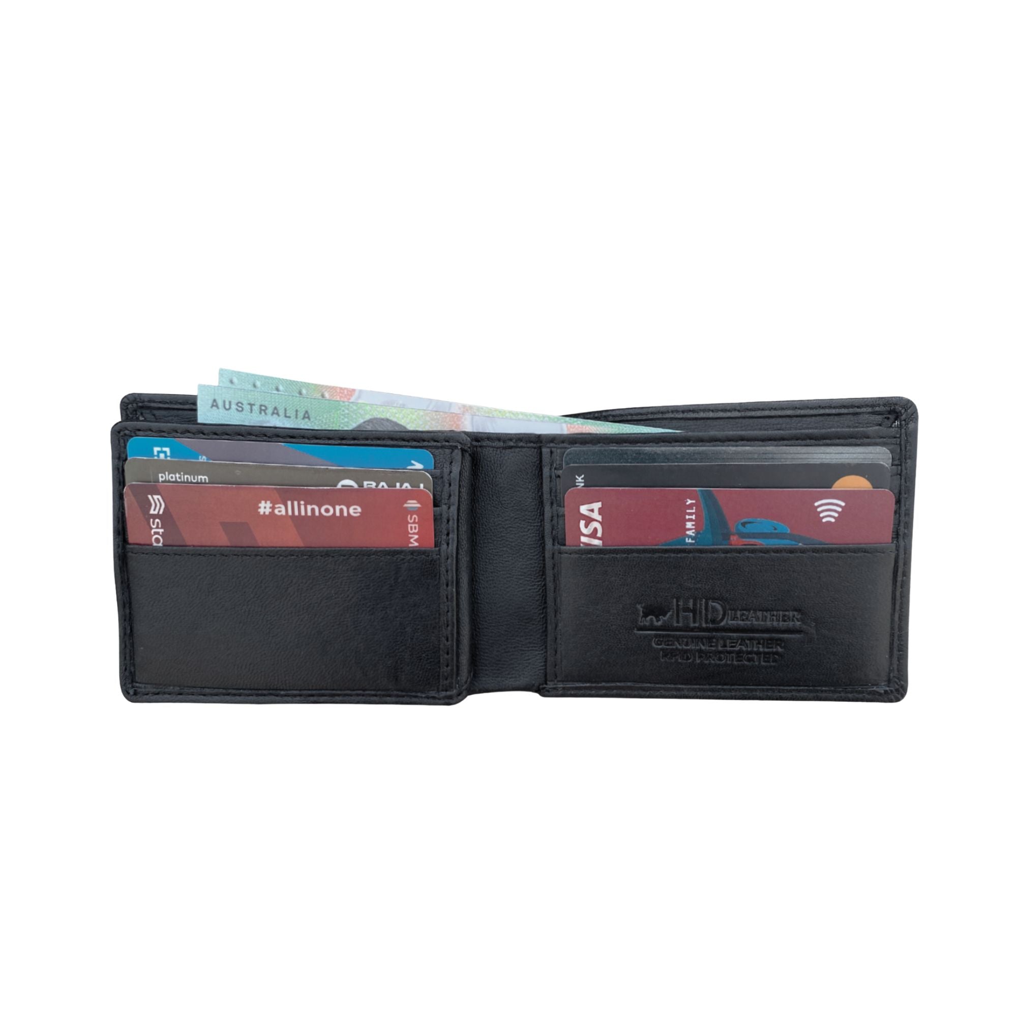 Black leather wallet with multiple card slots on a white background