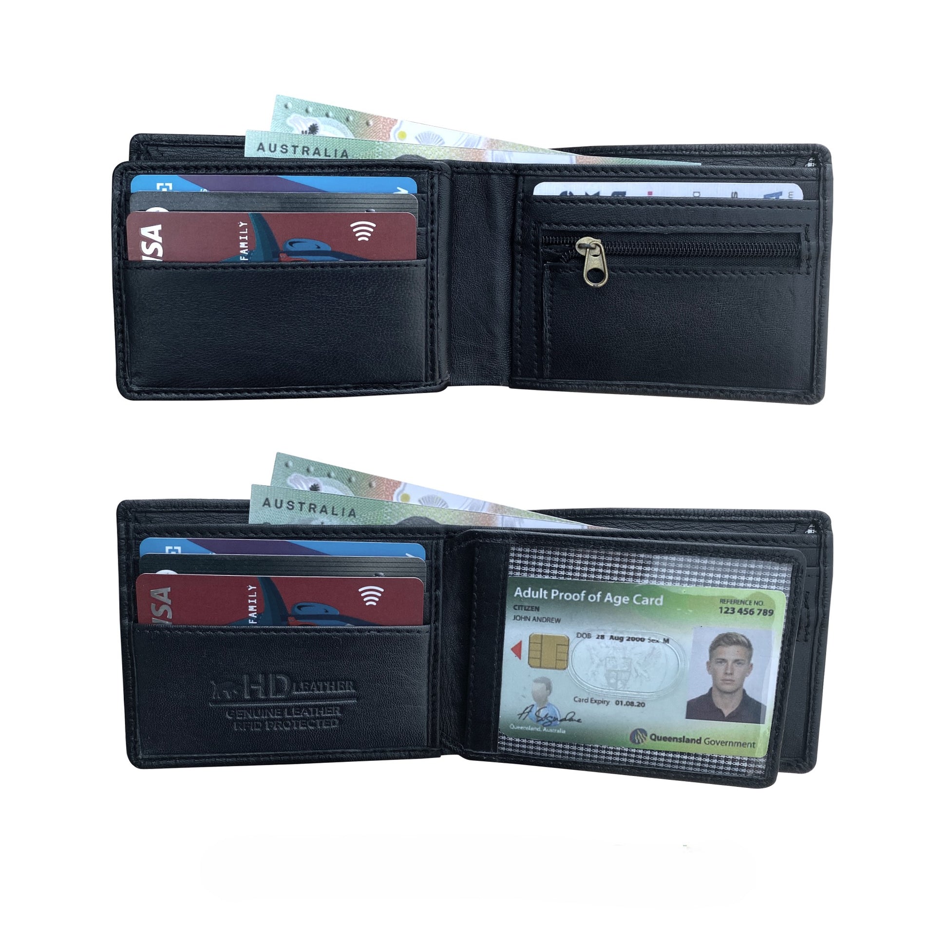 Black leather wallet with various cards and an ID card on a white background