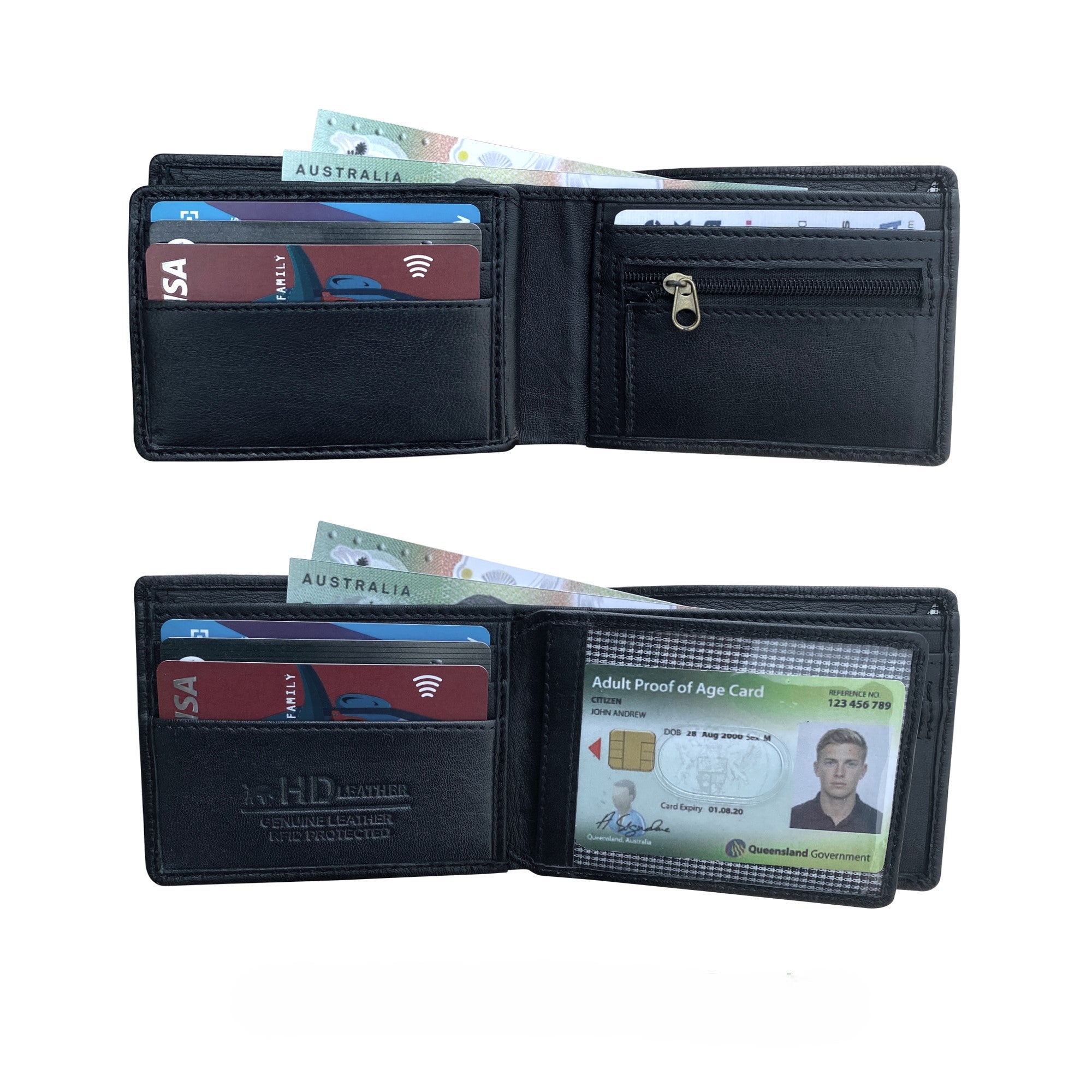 Black leather wallet with various cards and an ID card on a white background