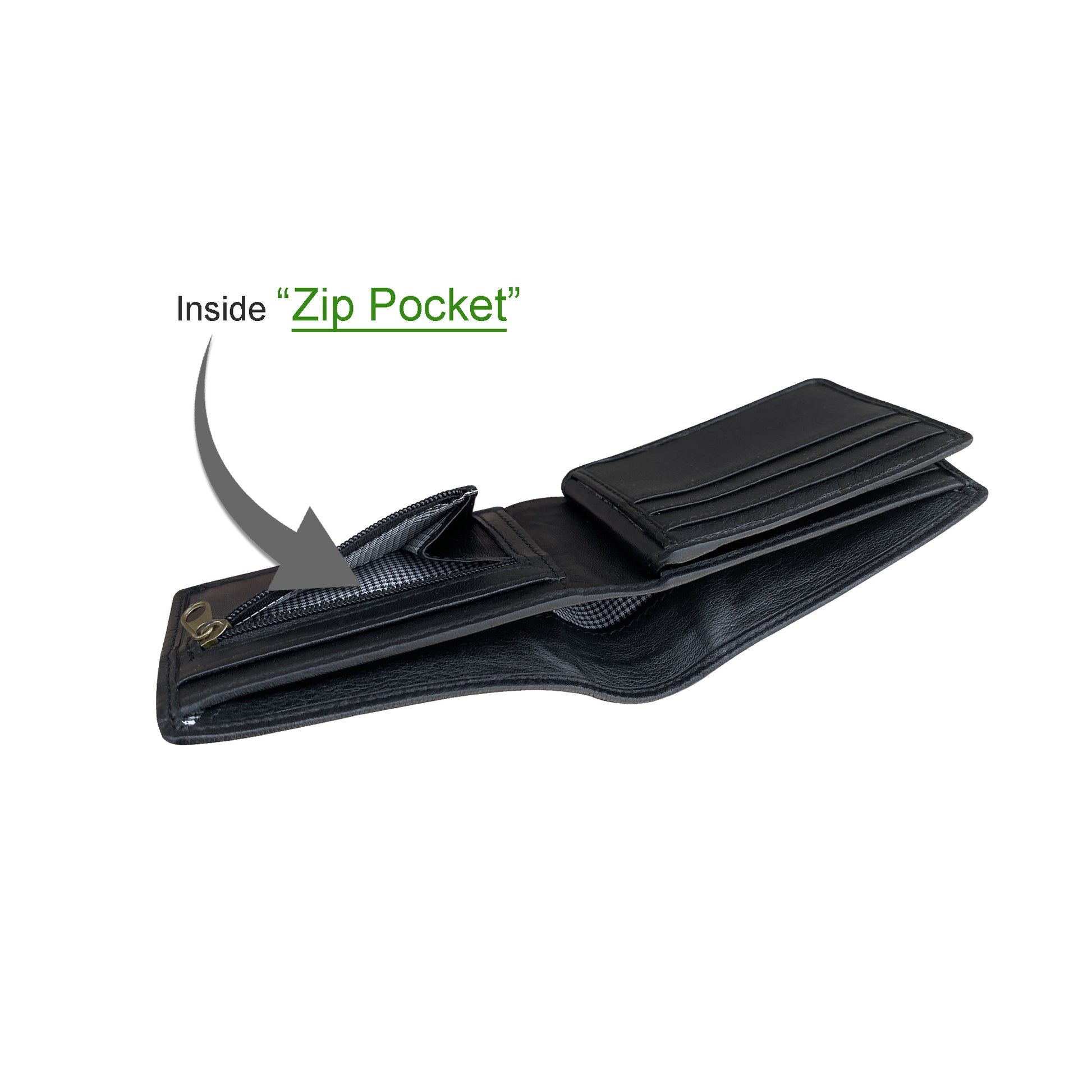 Black wallet with an inside zip pocket on a white background