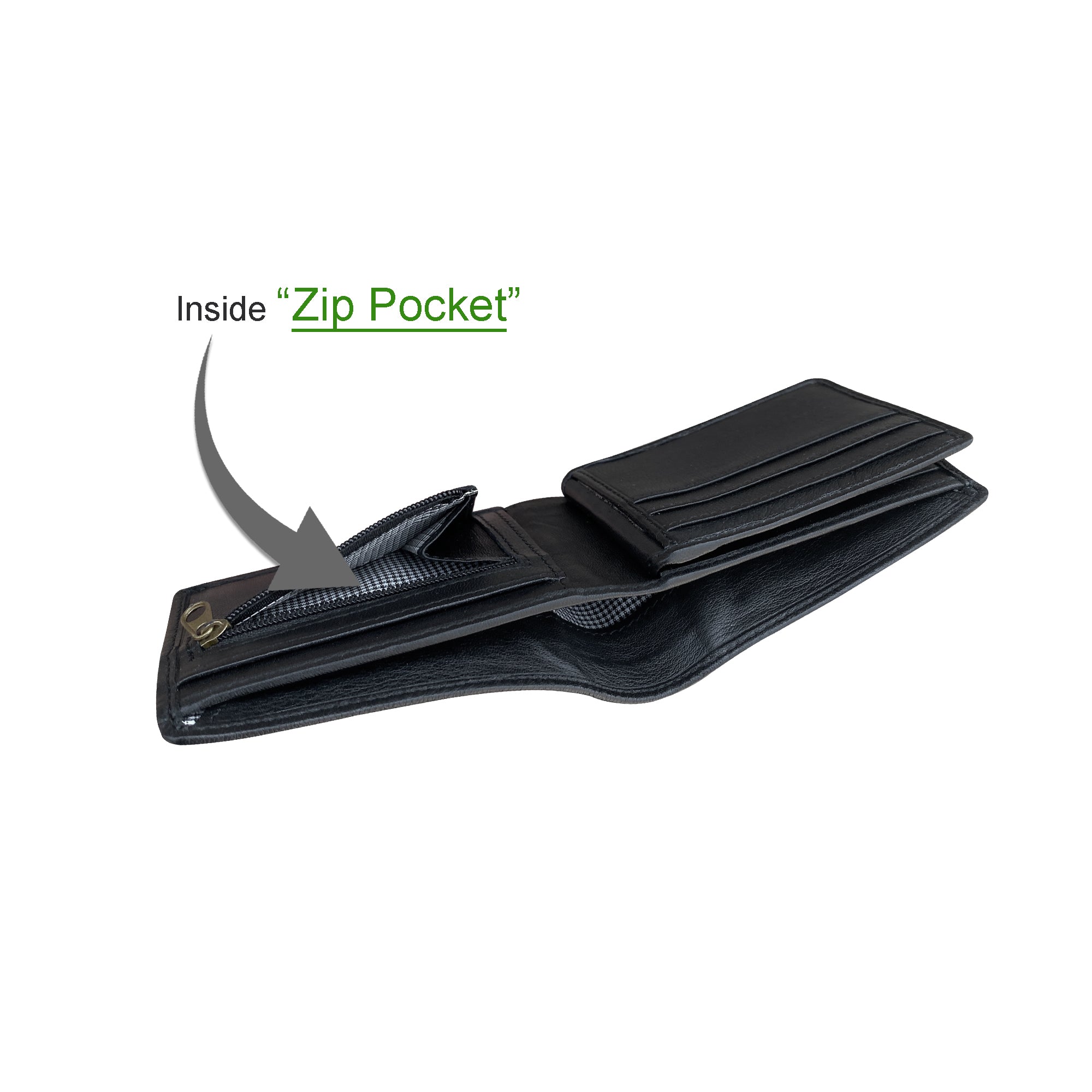 Black wallet with an inside zip pocket on a white background