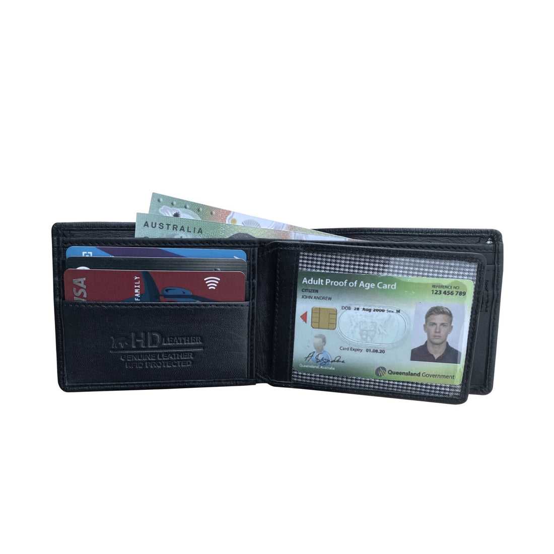 Black wallet with various cards and an ID card on a white background