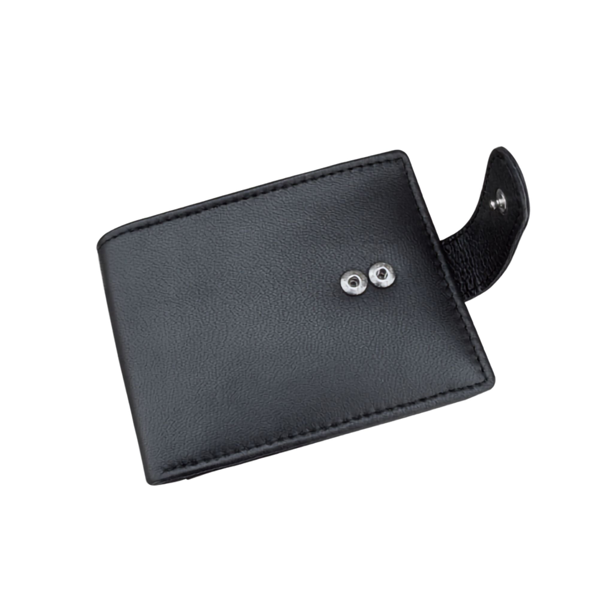 Black leather wallet front view showing double button closure