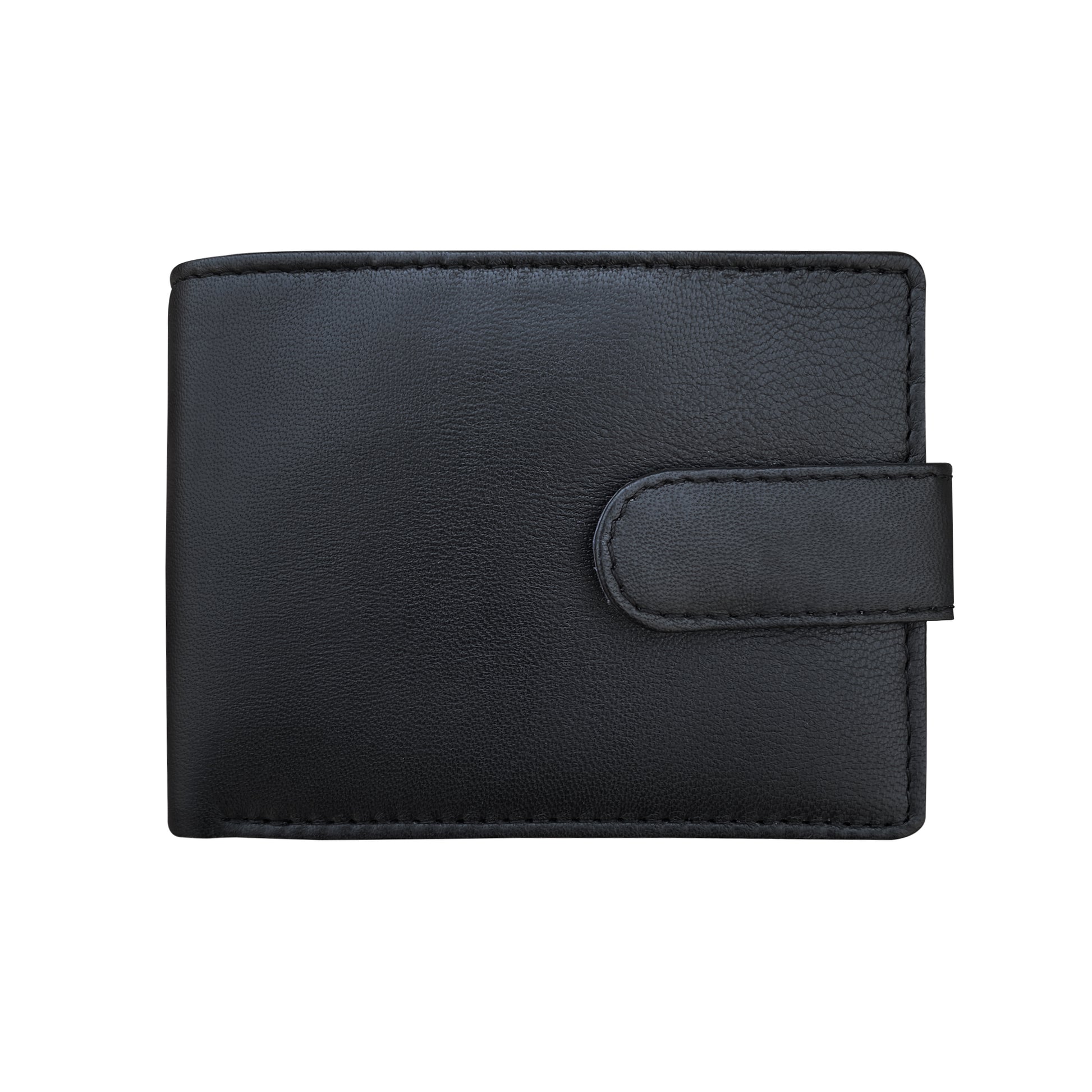 Black leather wallet front view on a white background