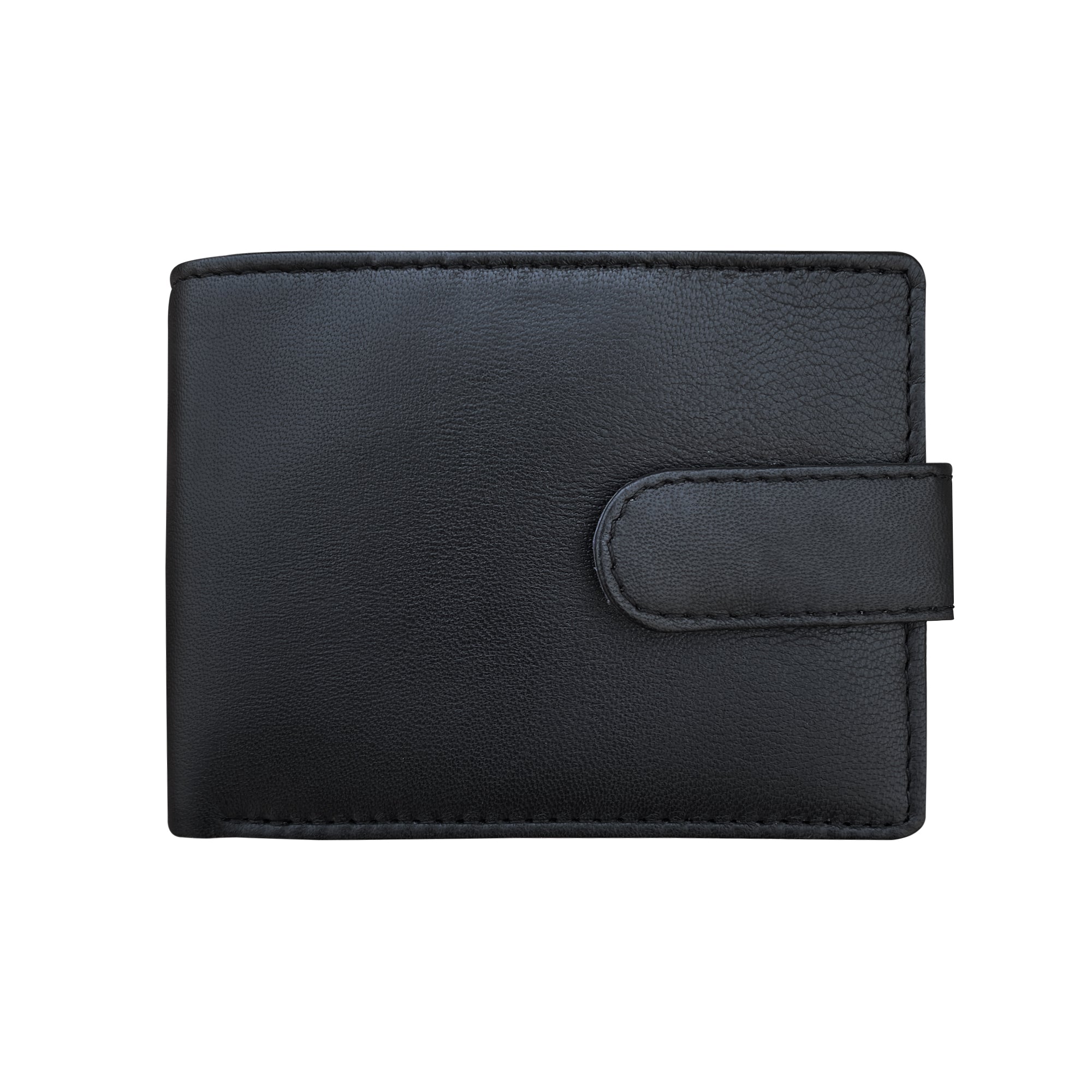 Black leather wallet front view on a white background