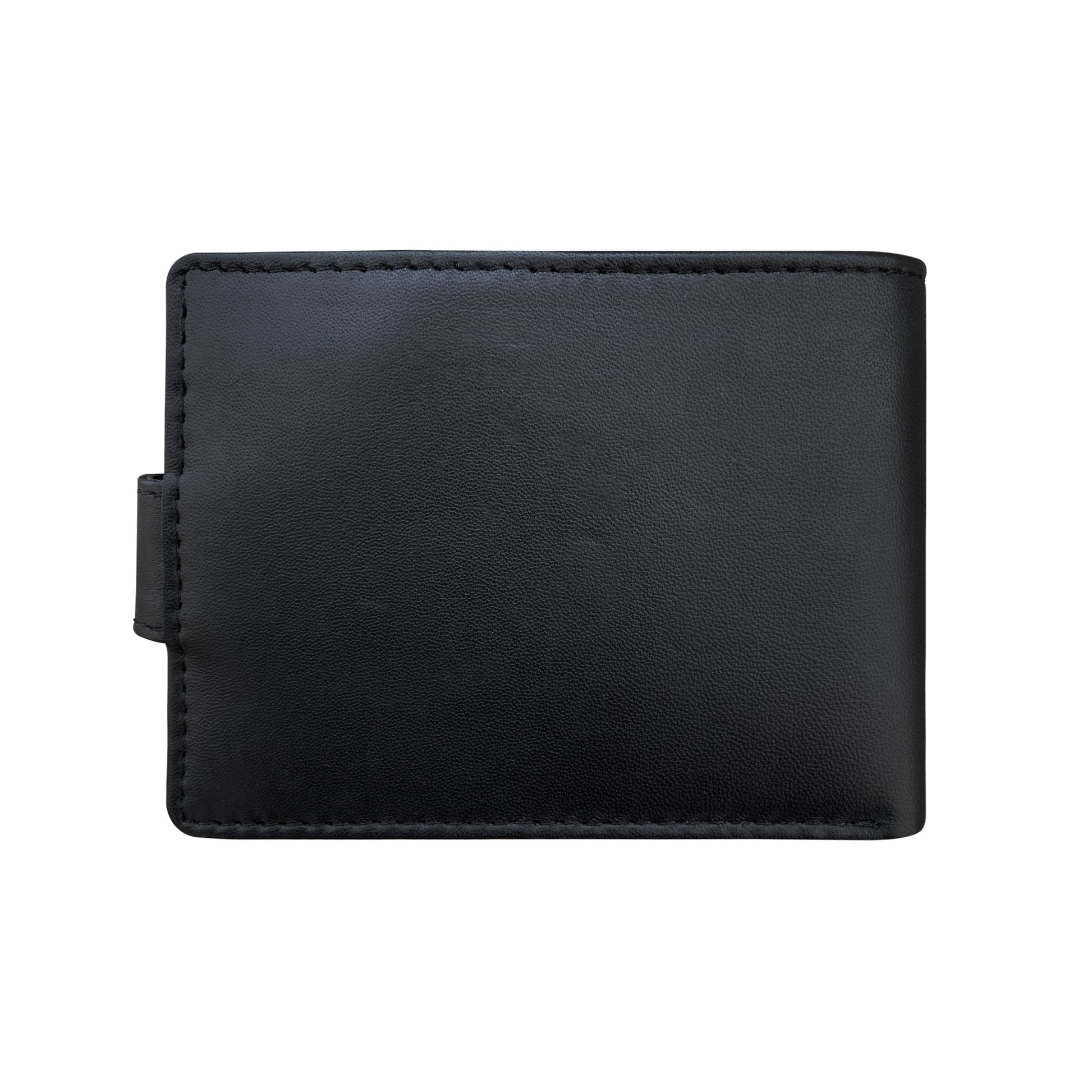 Black leather wallet back view on a white background