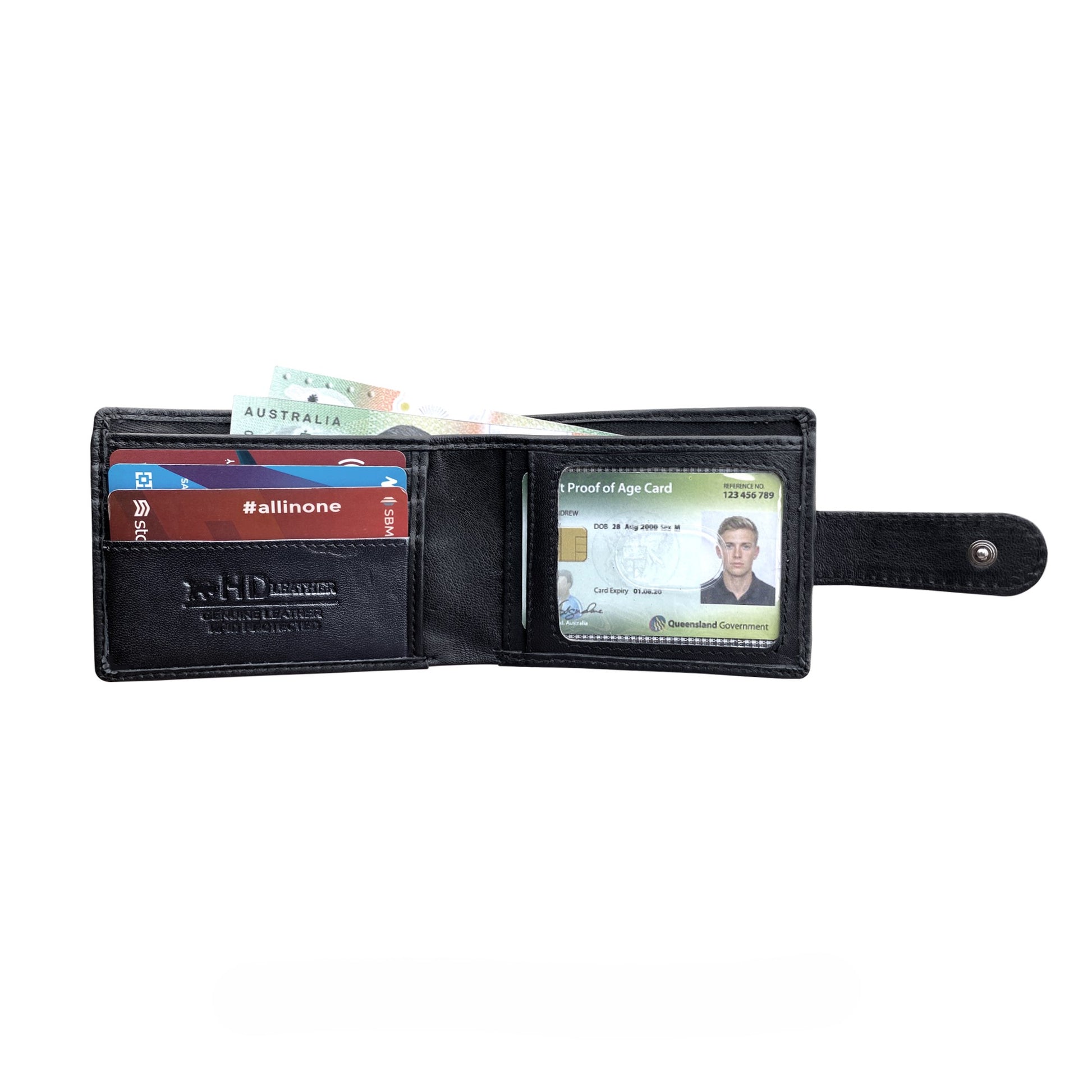 Black wallet with cards and ID on a white background