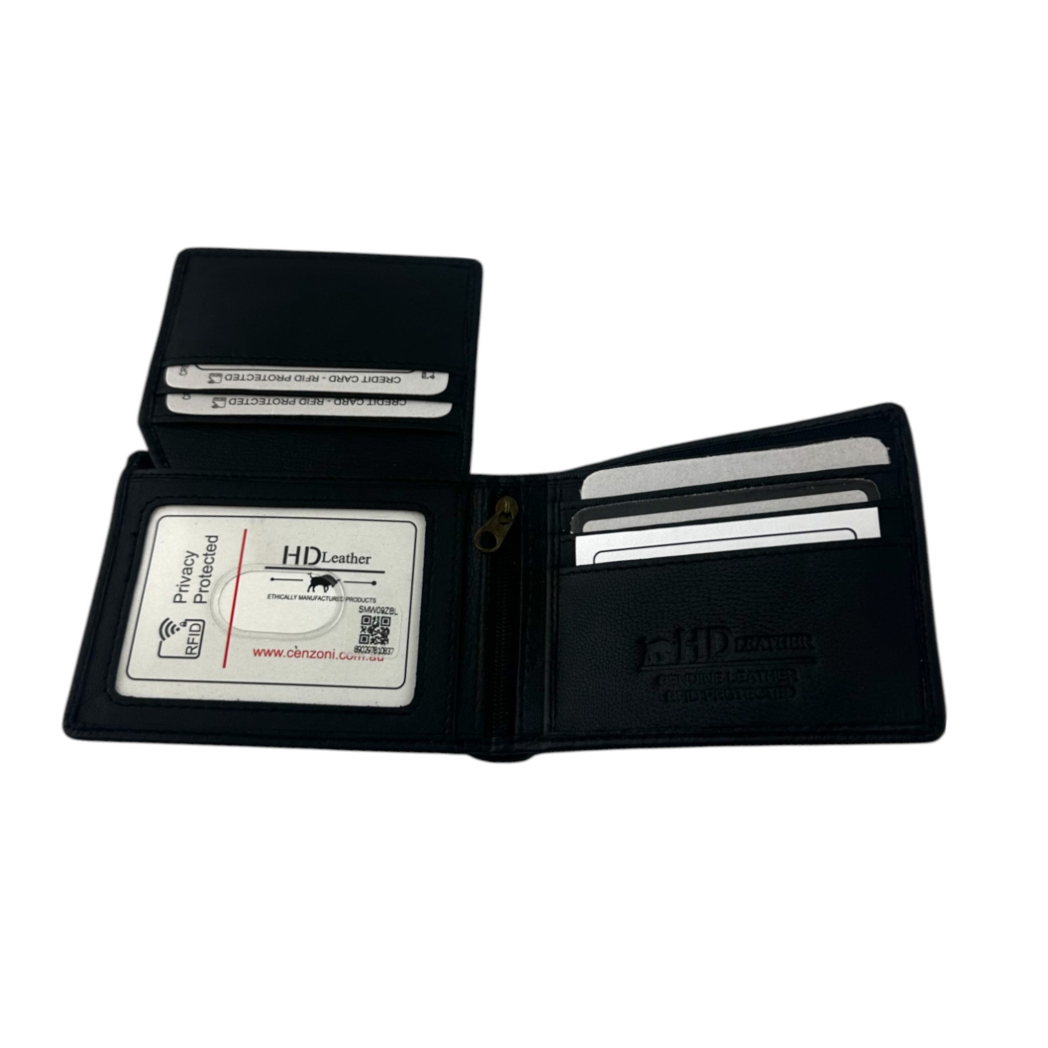 Black leather wallet with card slots on a white background