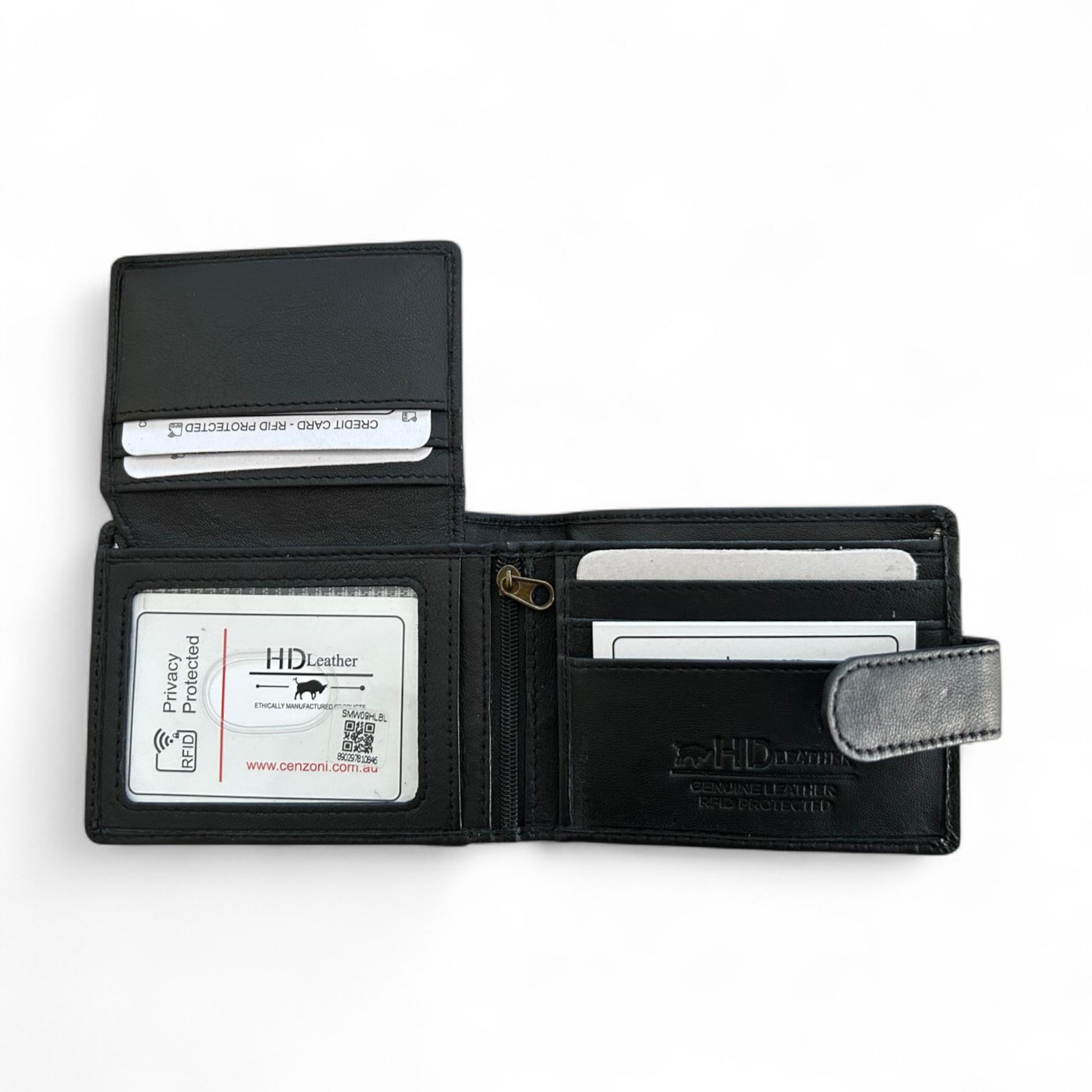 Black leather wallet with card slots on a white background