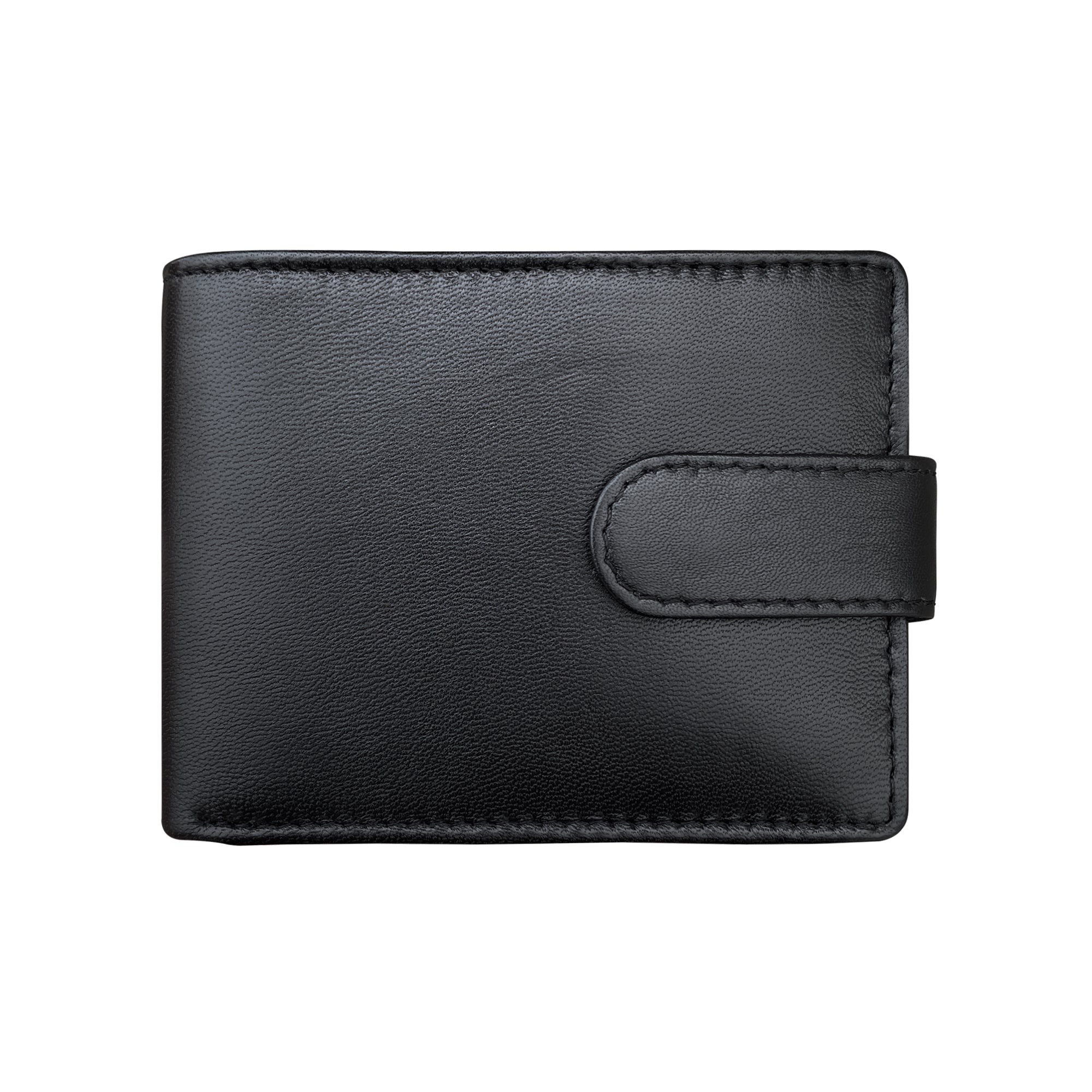 A black leather bifold wallet with a pebbled texture and a snap-button closure strap, shown on a plain white background.