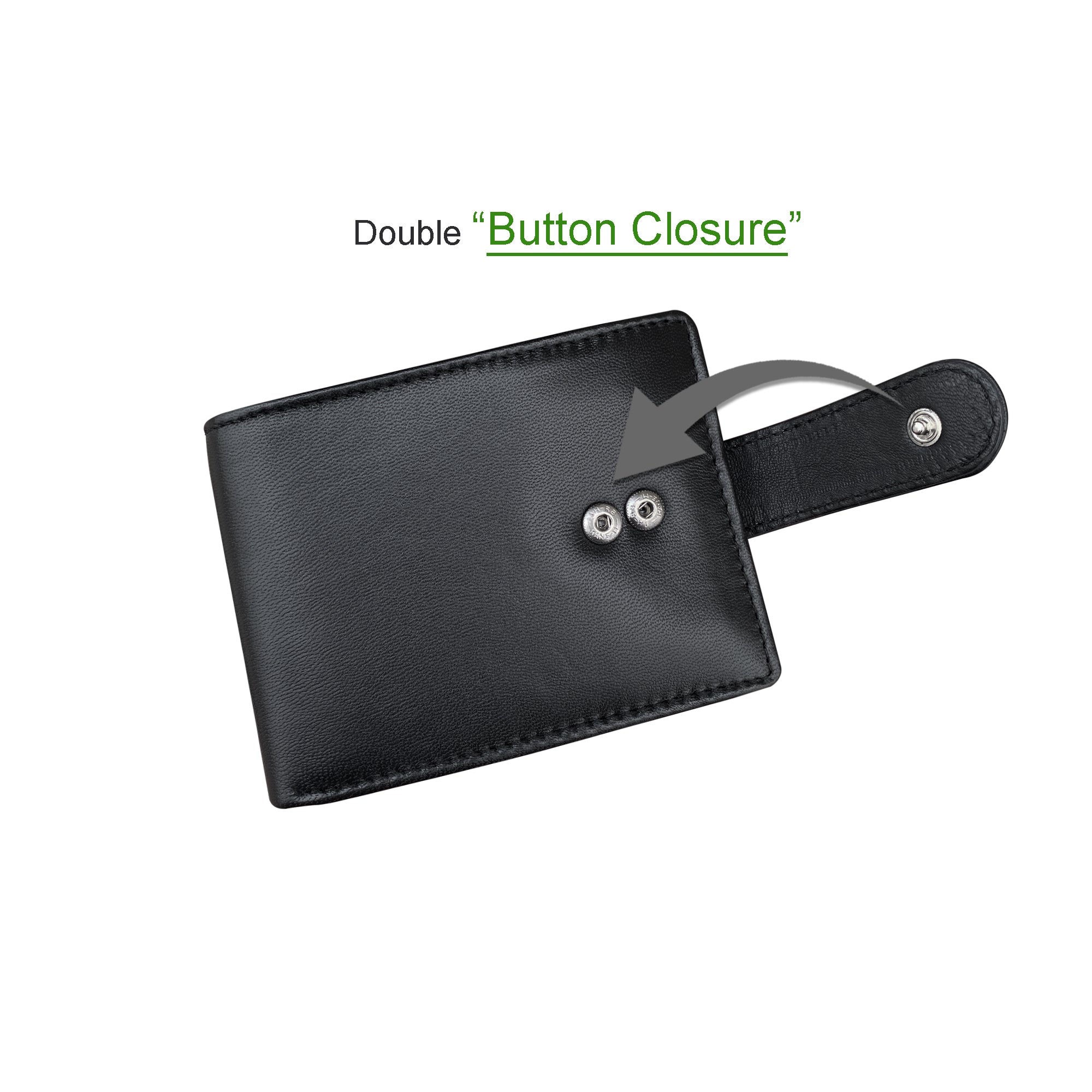 Black leather wallet with a strap closure and double button closure feature, shown on a white background with a gray arrow and text overlay.