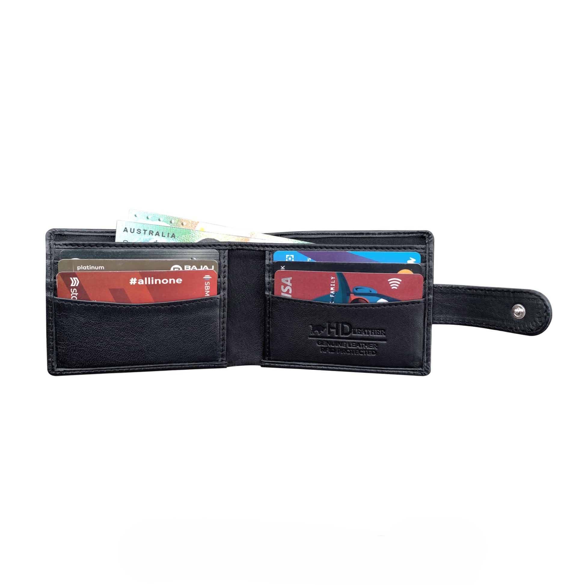 A black leather bi-fold wallet shown open, displaying multiple card slots filled with sample credit cards and an Australian dollar note. 