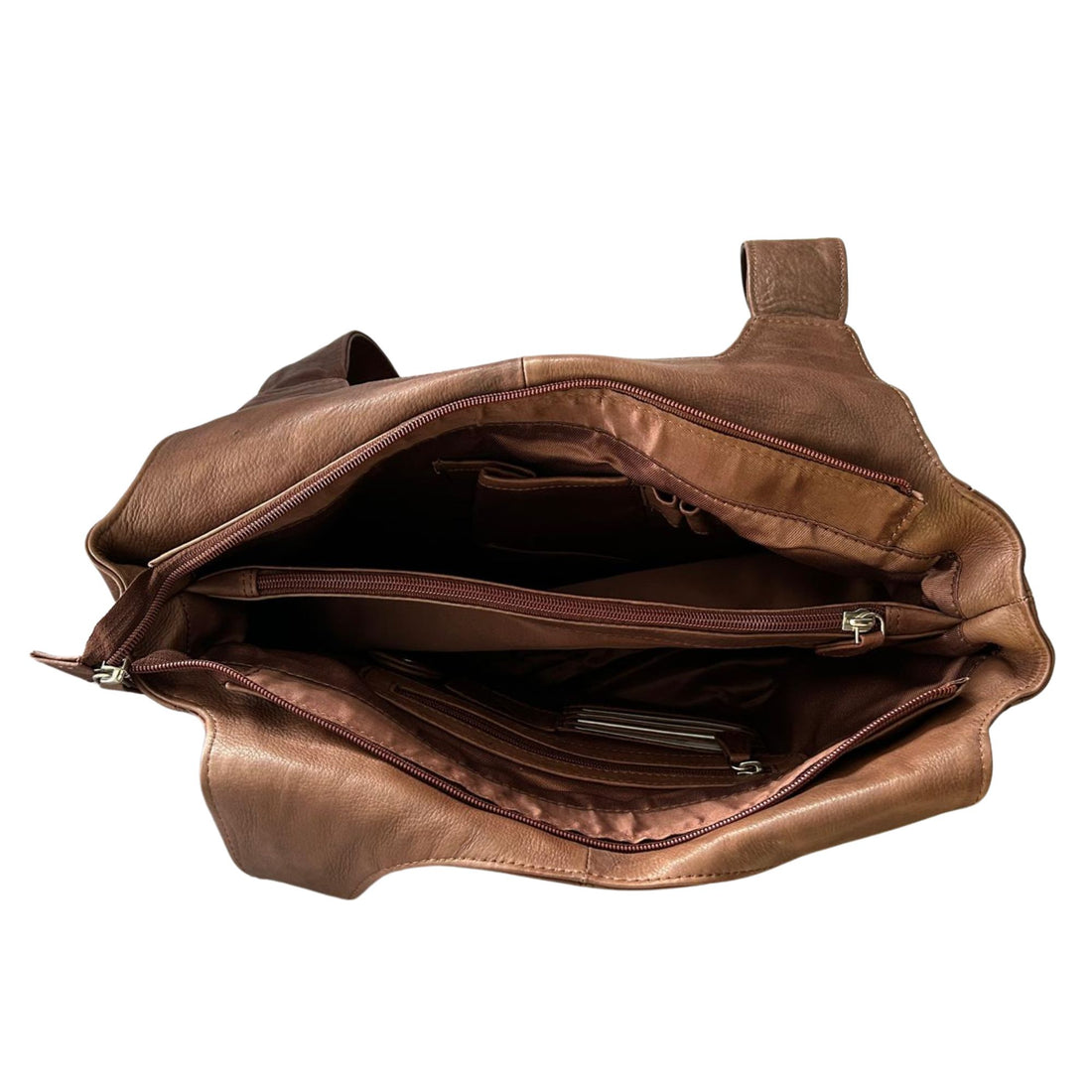 A medium-sized brown washed leather ladies shoulder bag with two handles and multiple pockets.