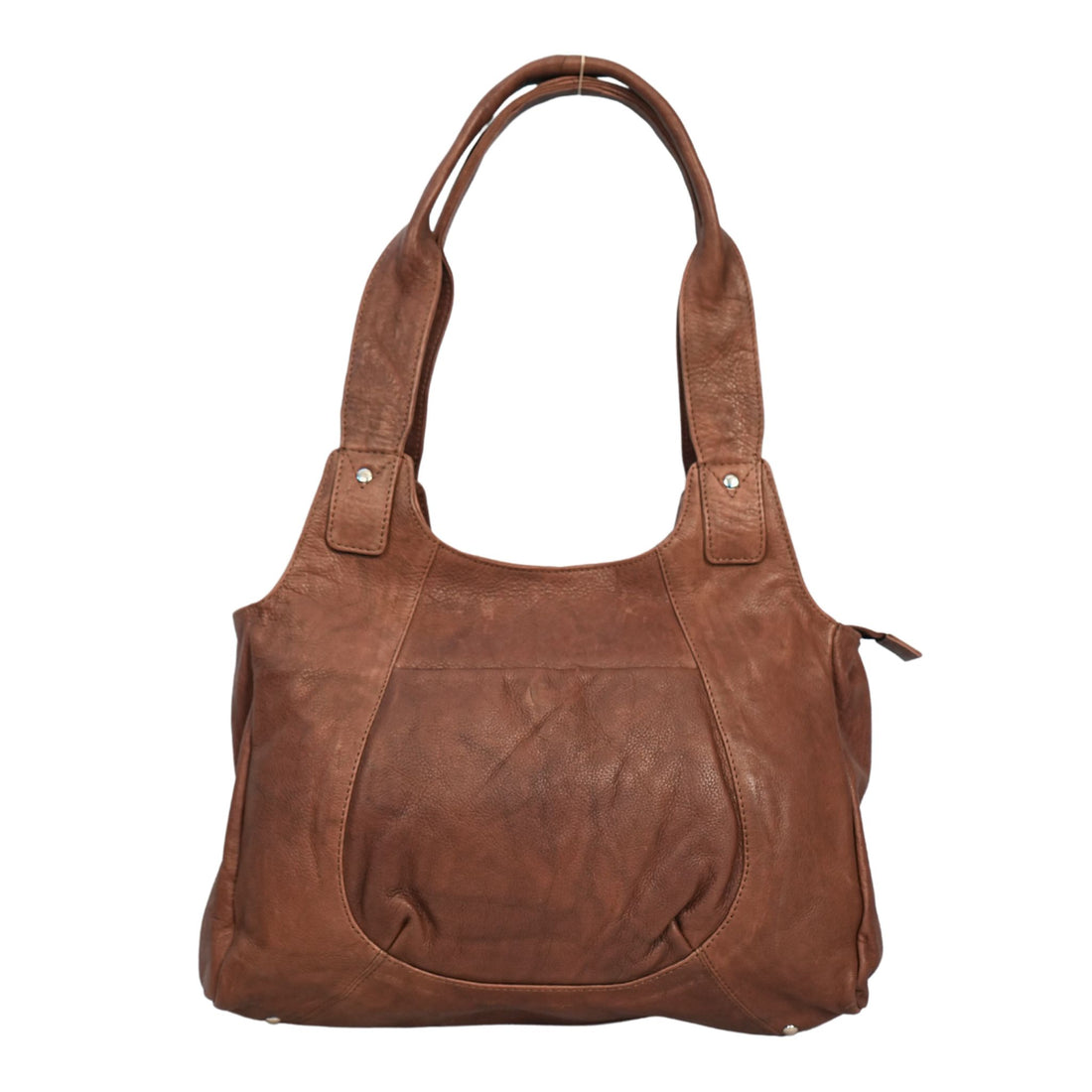 A medium-sized brown washed leather ladies shoulder bag with two handles and multiple pockets.