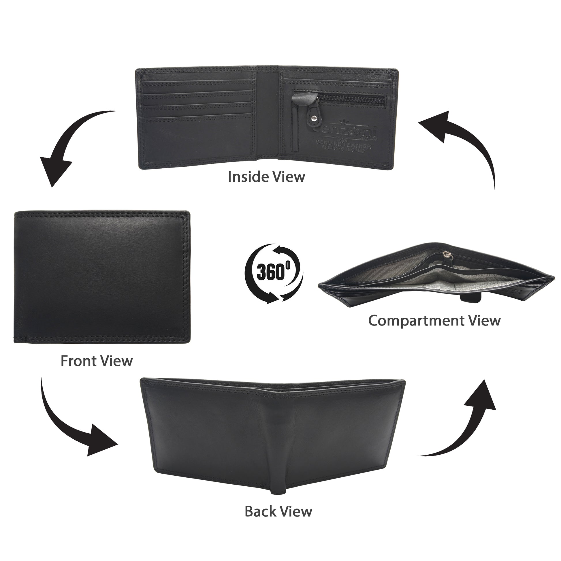 Black leather wallet shown from multiple angles on a white background