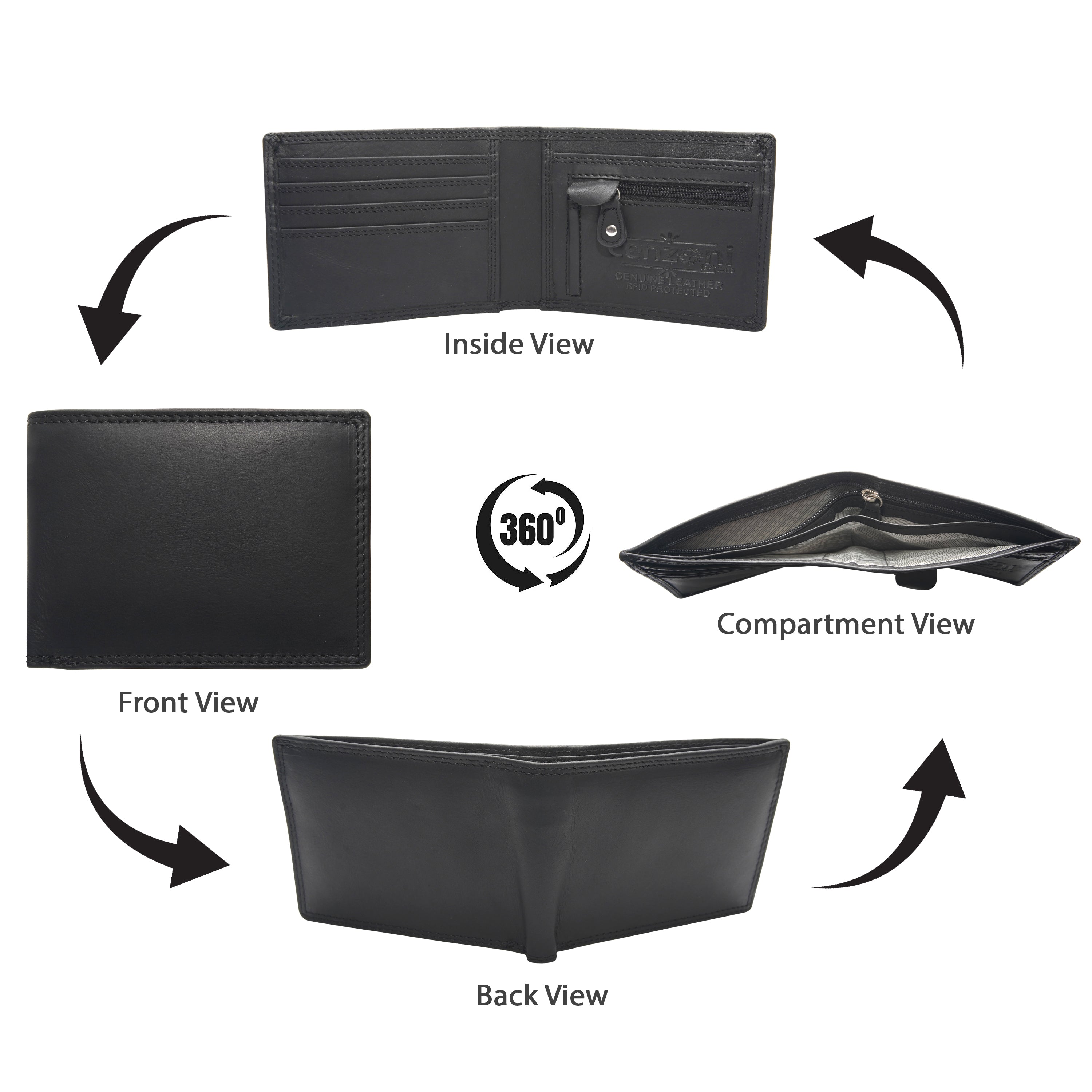 Black leather wallet shown from multiple angles on a white background