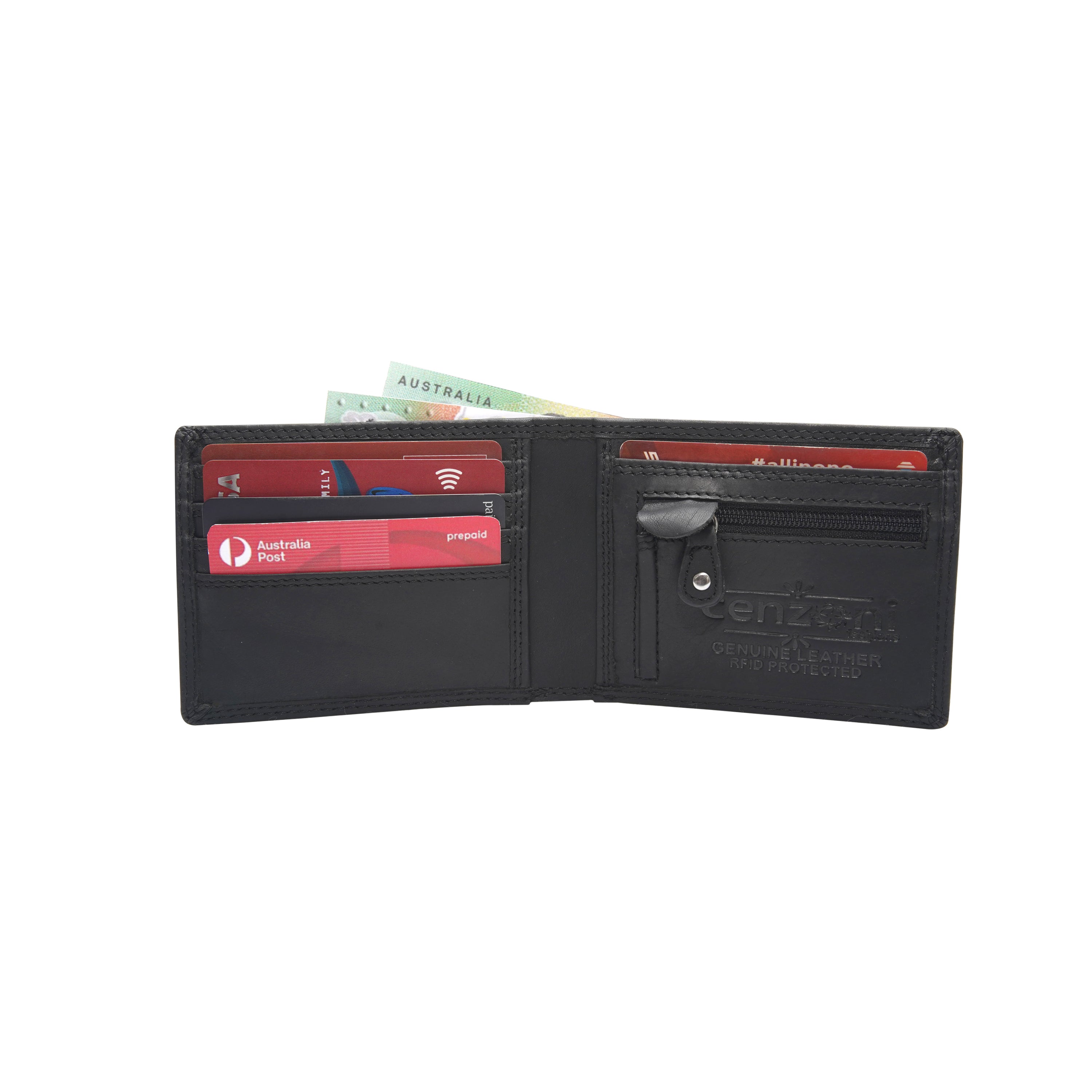 Black wallet with card slots on a white background