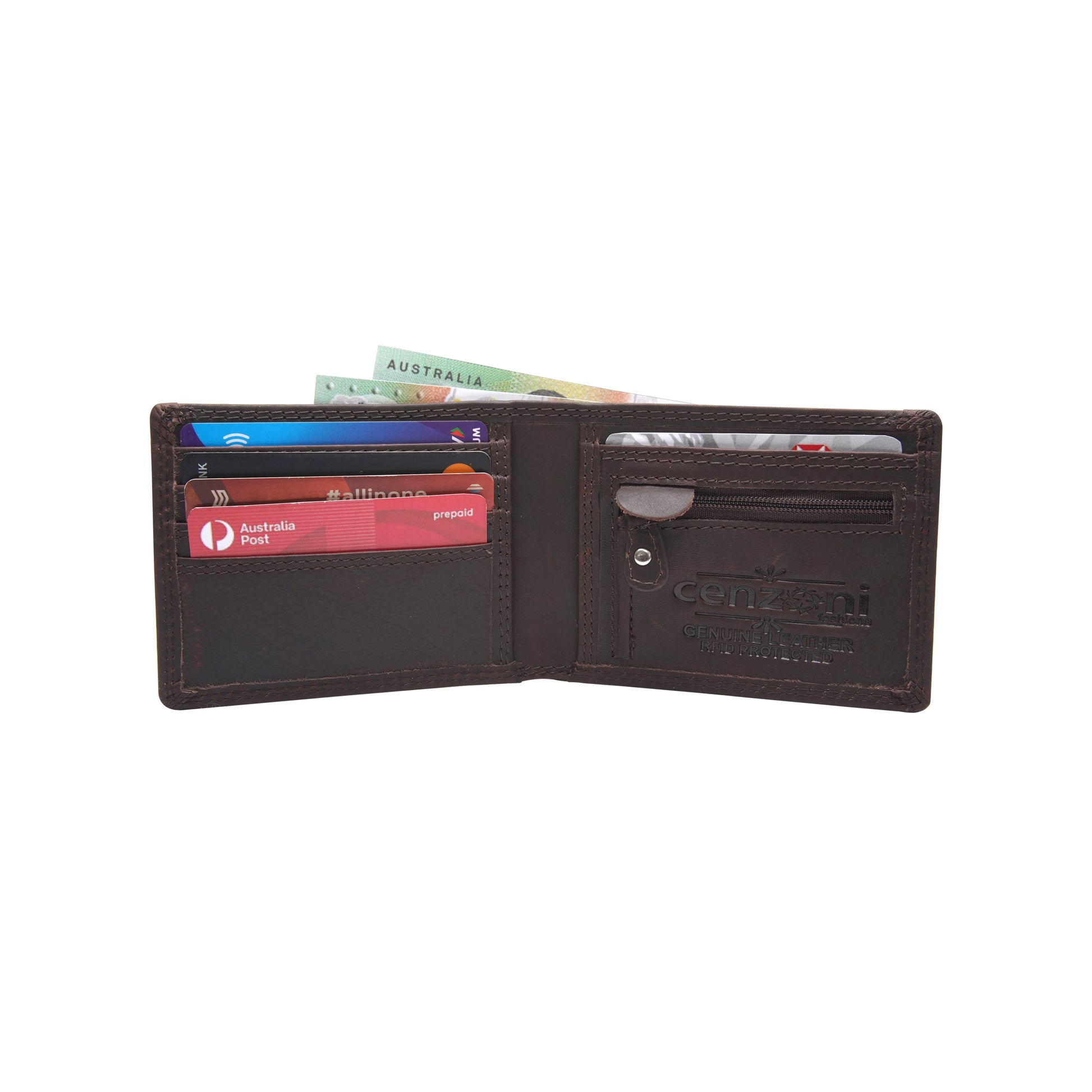 Open brown leather wallet with cards and money on a white background