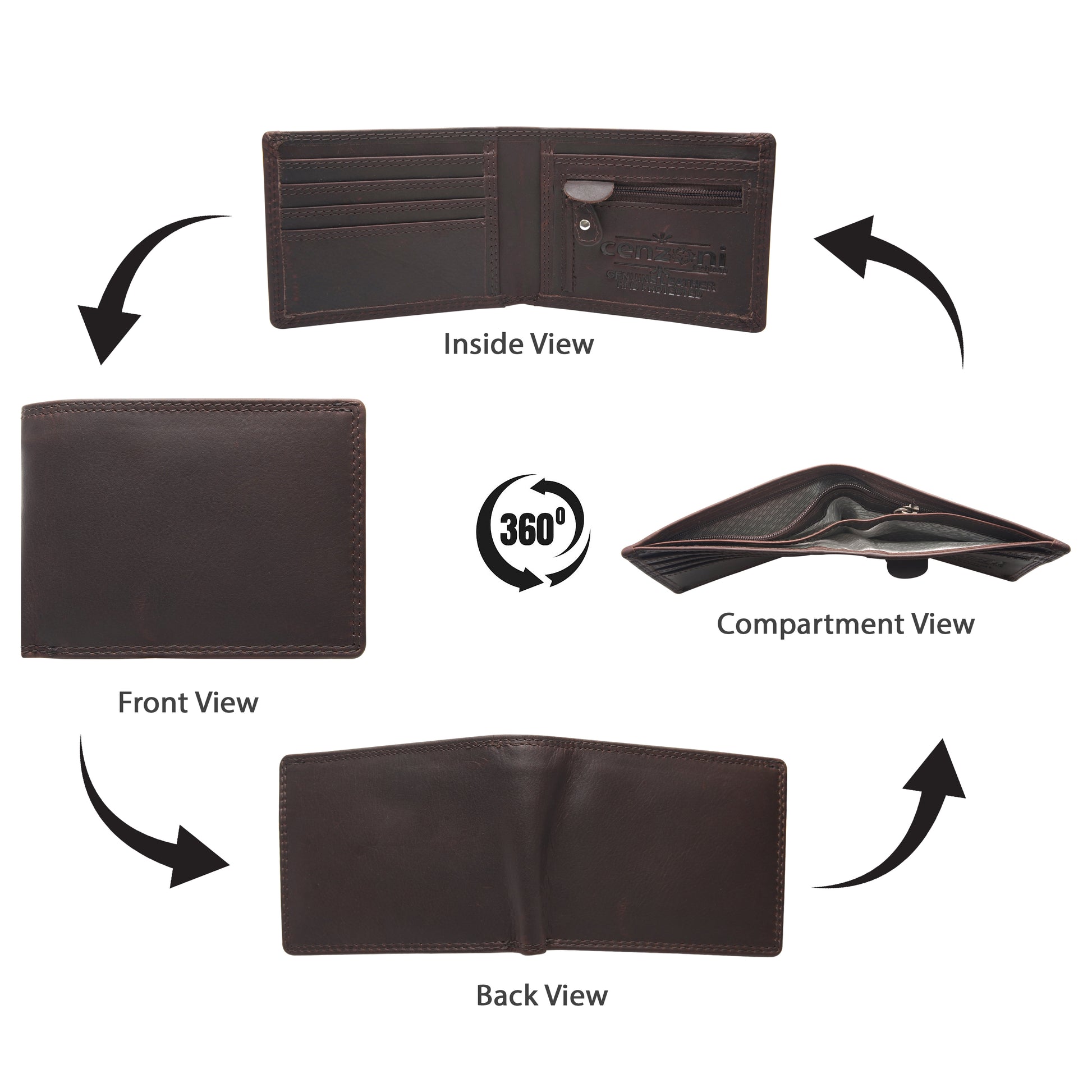 Brown leather wallet shown from multiple angles on a white background