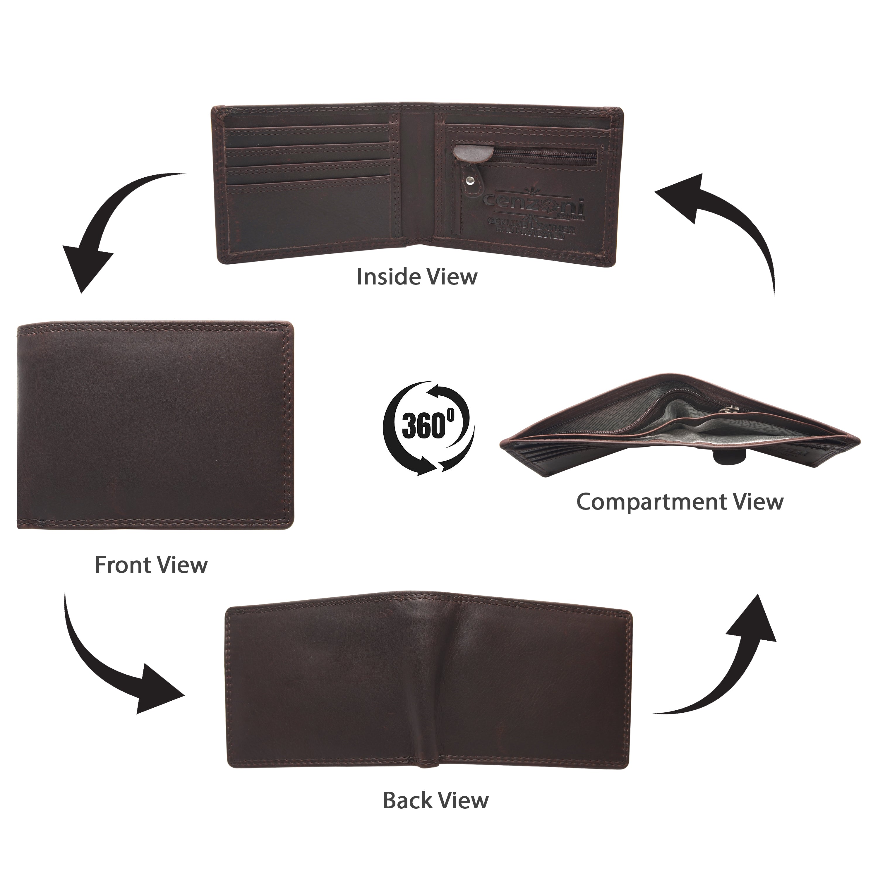 Brown leather wallet shown from multiple angles on a white background
