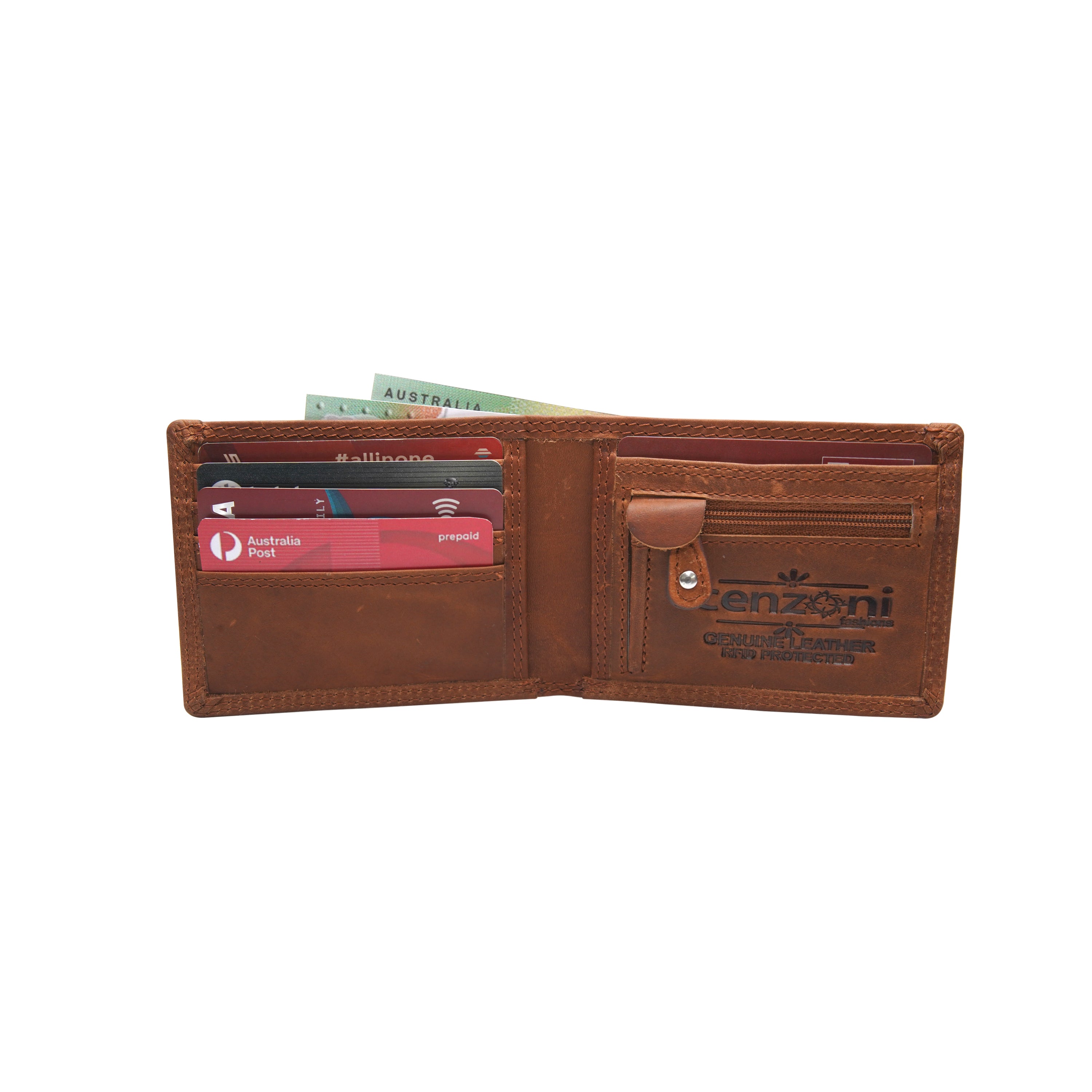 Tan leather wallet with card slots on a white background