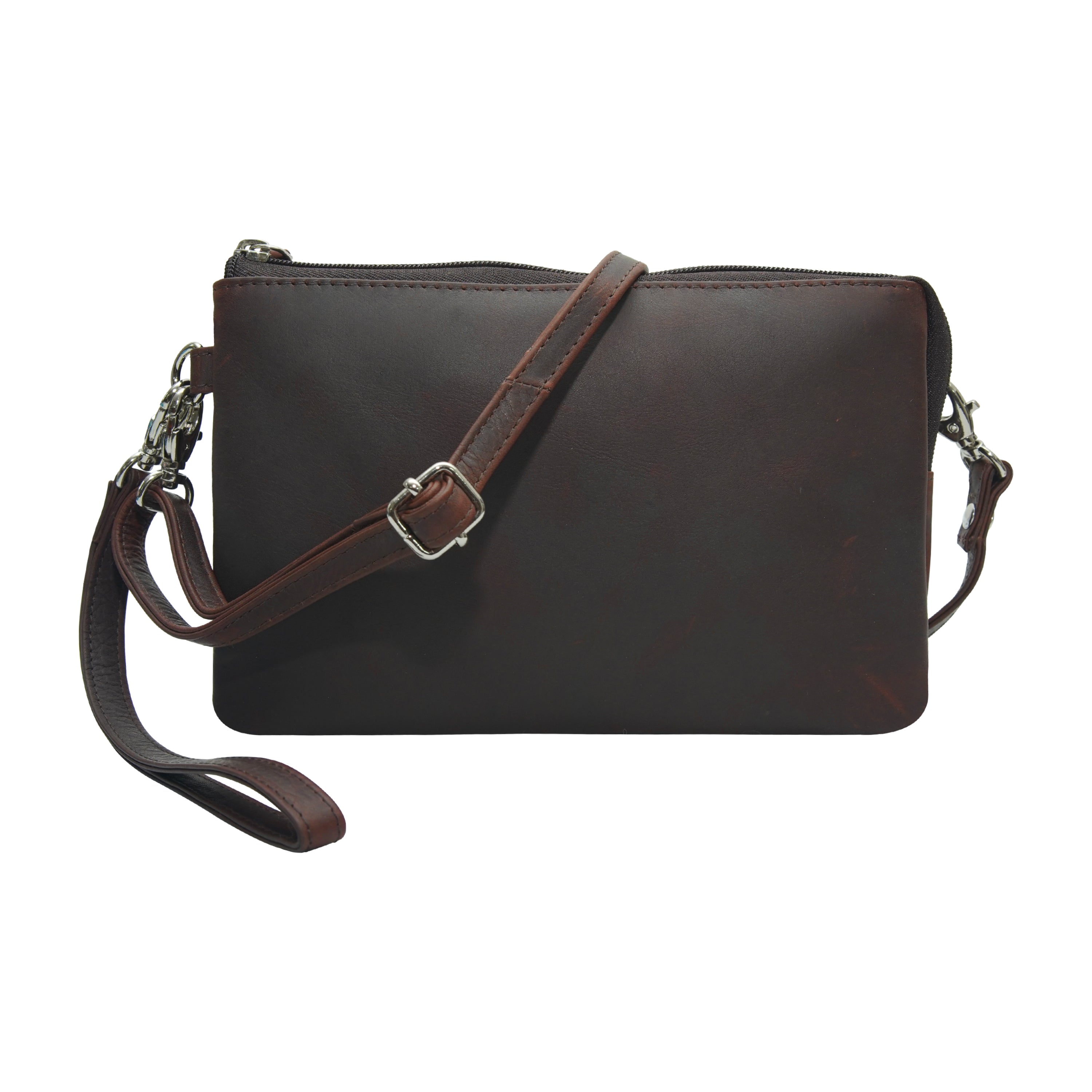 Brown leather crossbody bag with a strap on a white background