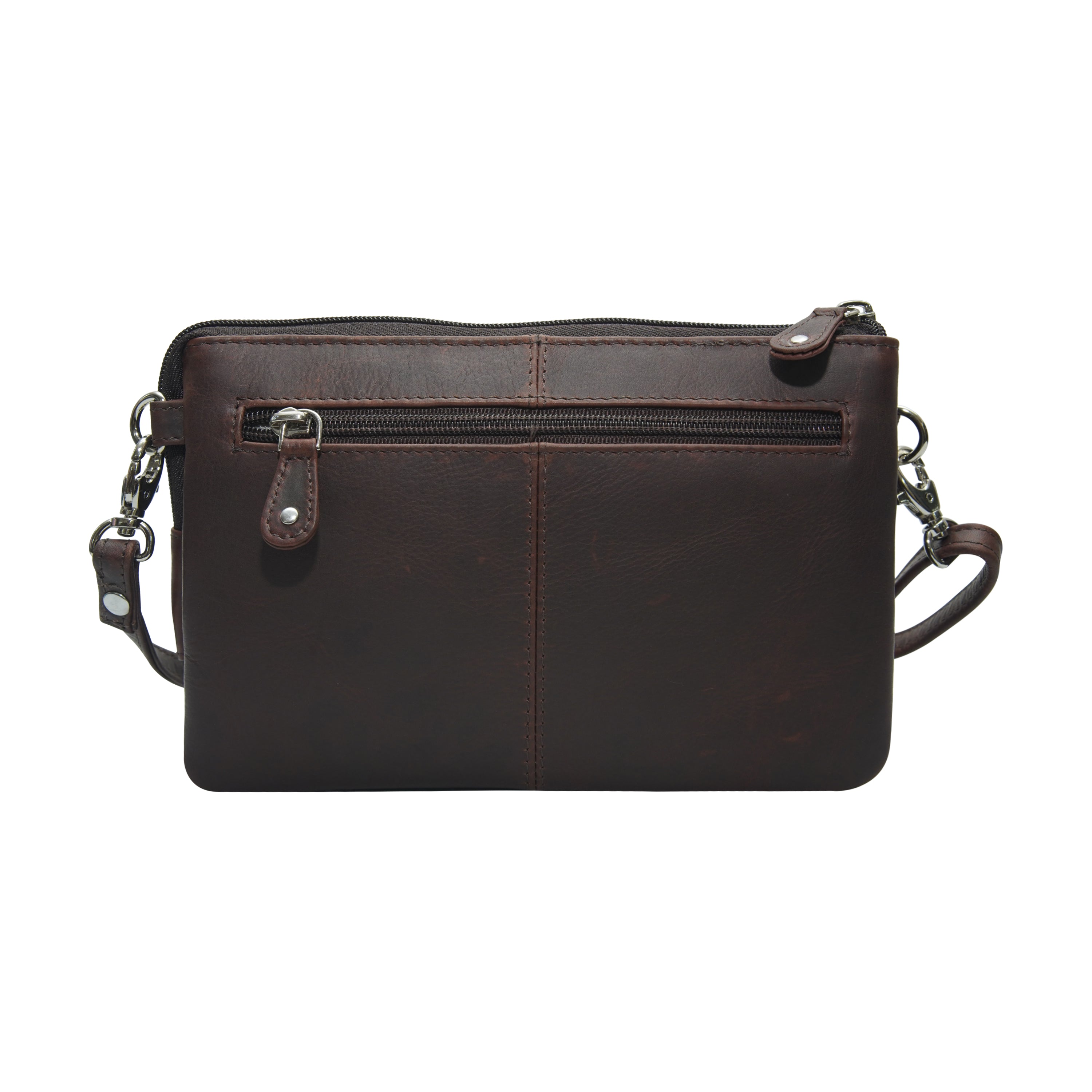 Brown leather crossbody bag back view