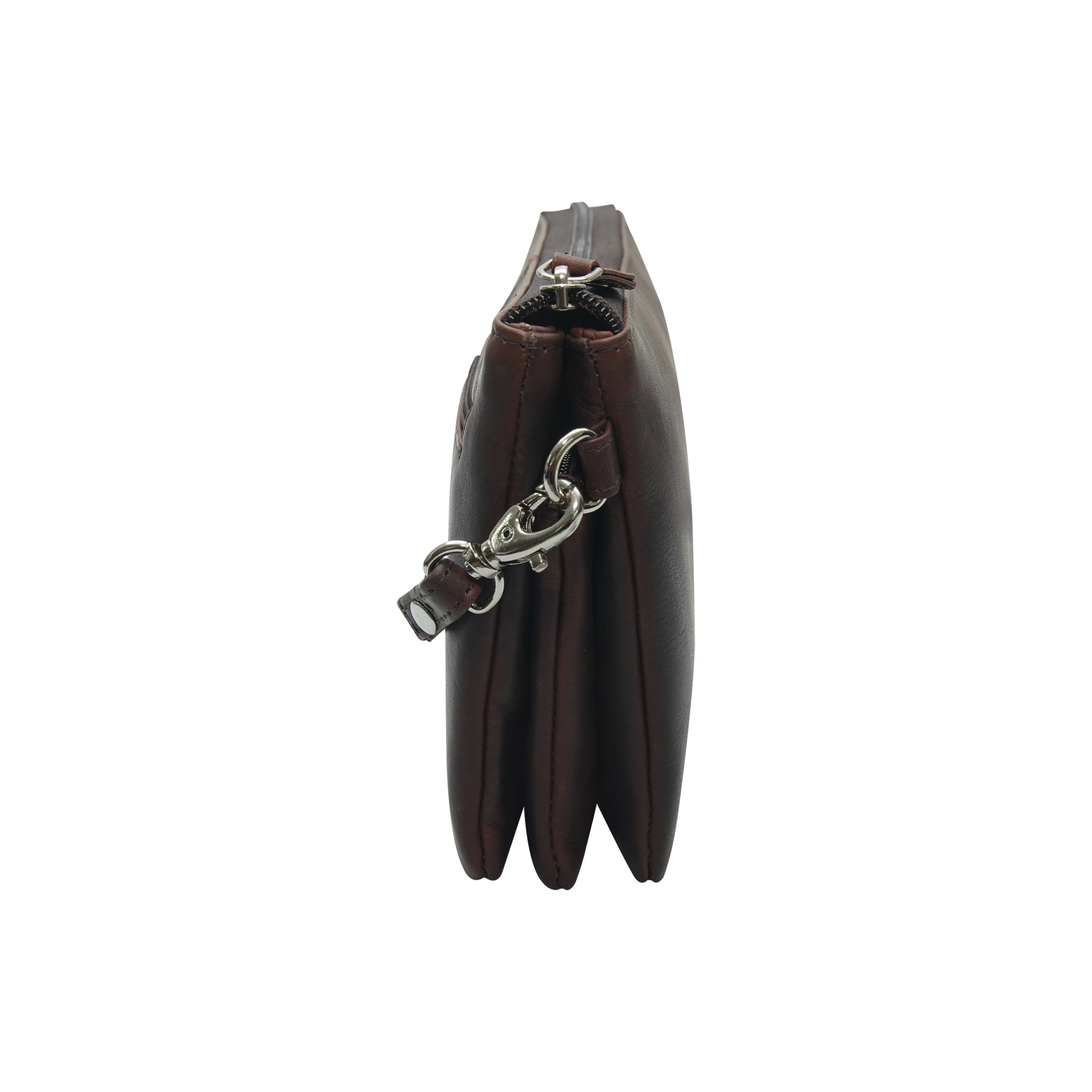 Brown leather handbag with a silver side view