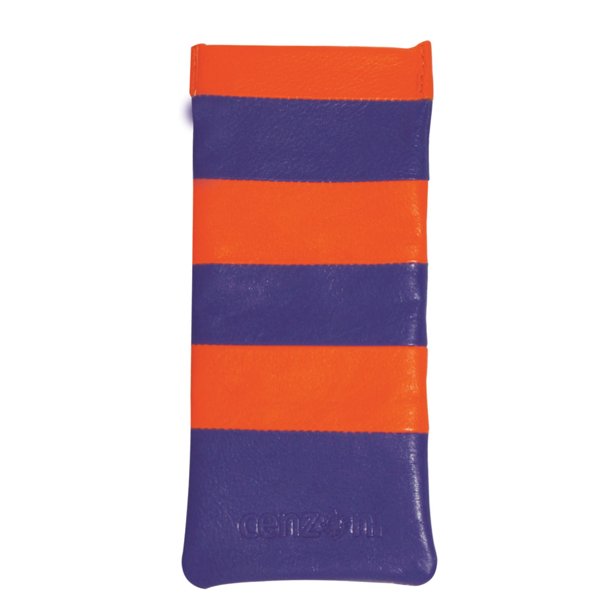 A leather eye glass pouch with horizontal orange and purple stripes.
